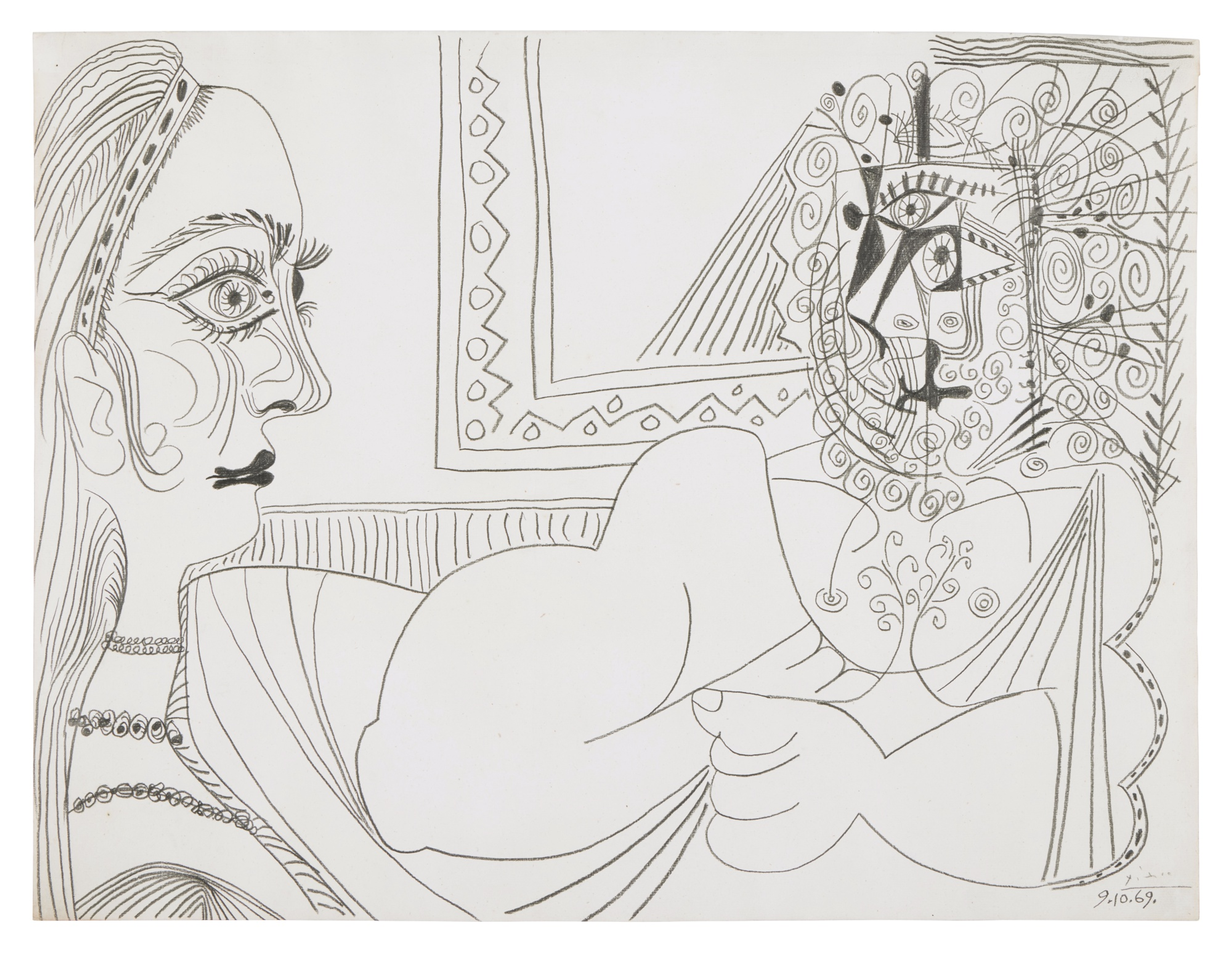 Ce dessin de Pablo Picasso représente deux figures féminines : l'une est nue et allongée vers la droite, sa tête devenant de plus en plus abstraite ; à gauche, une fillette aux grands yeux et aux lèvres sombres observe la scène.