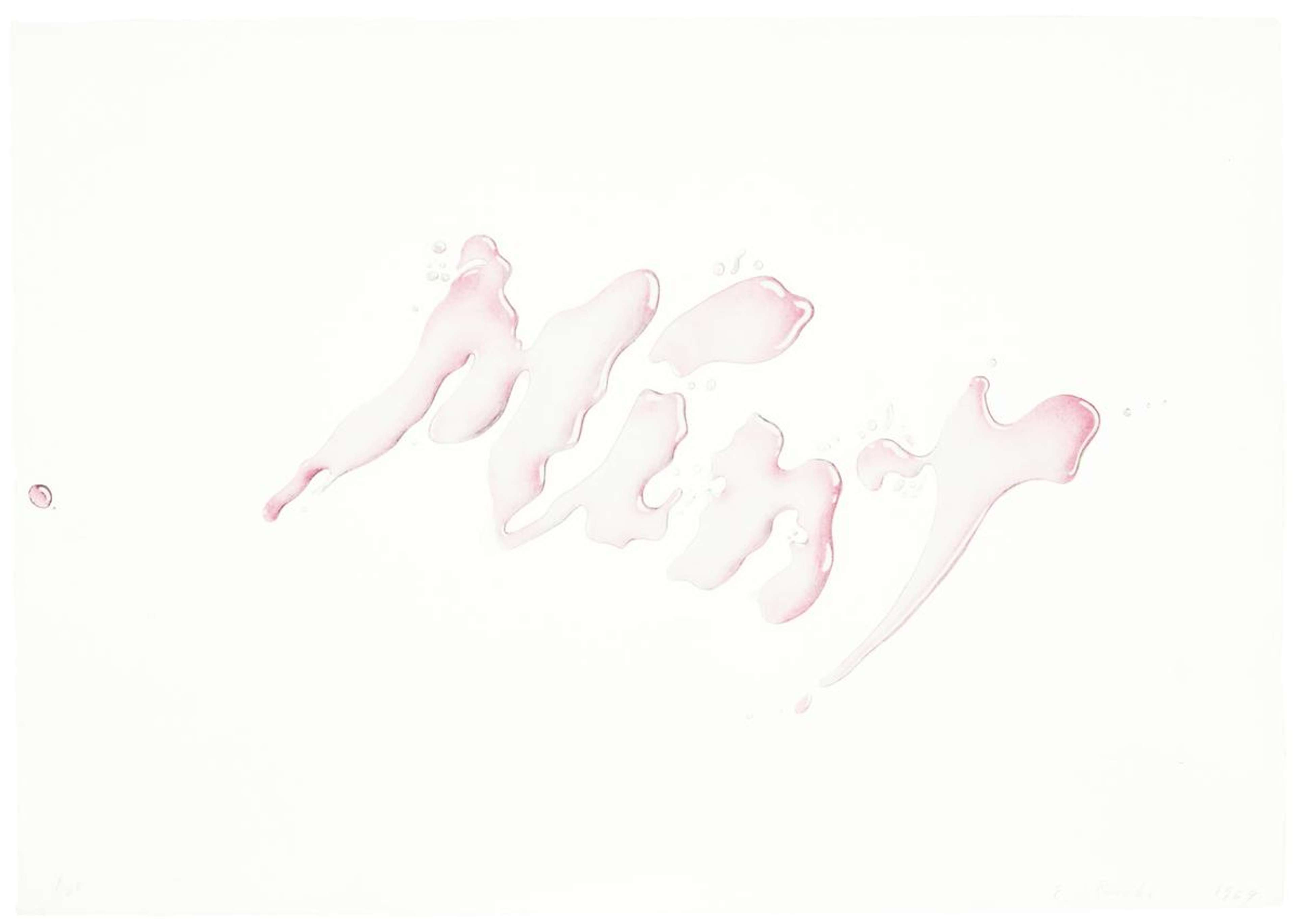 Lithograph by Ed Ruscha titled Mint with fluid pink “MINT” lettering on a white background