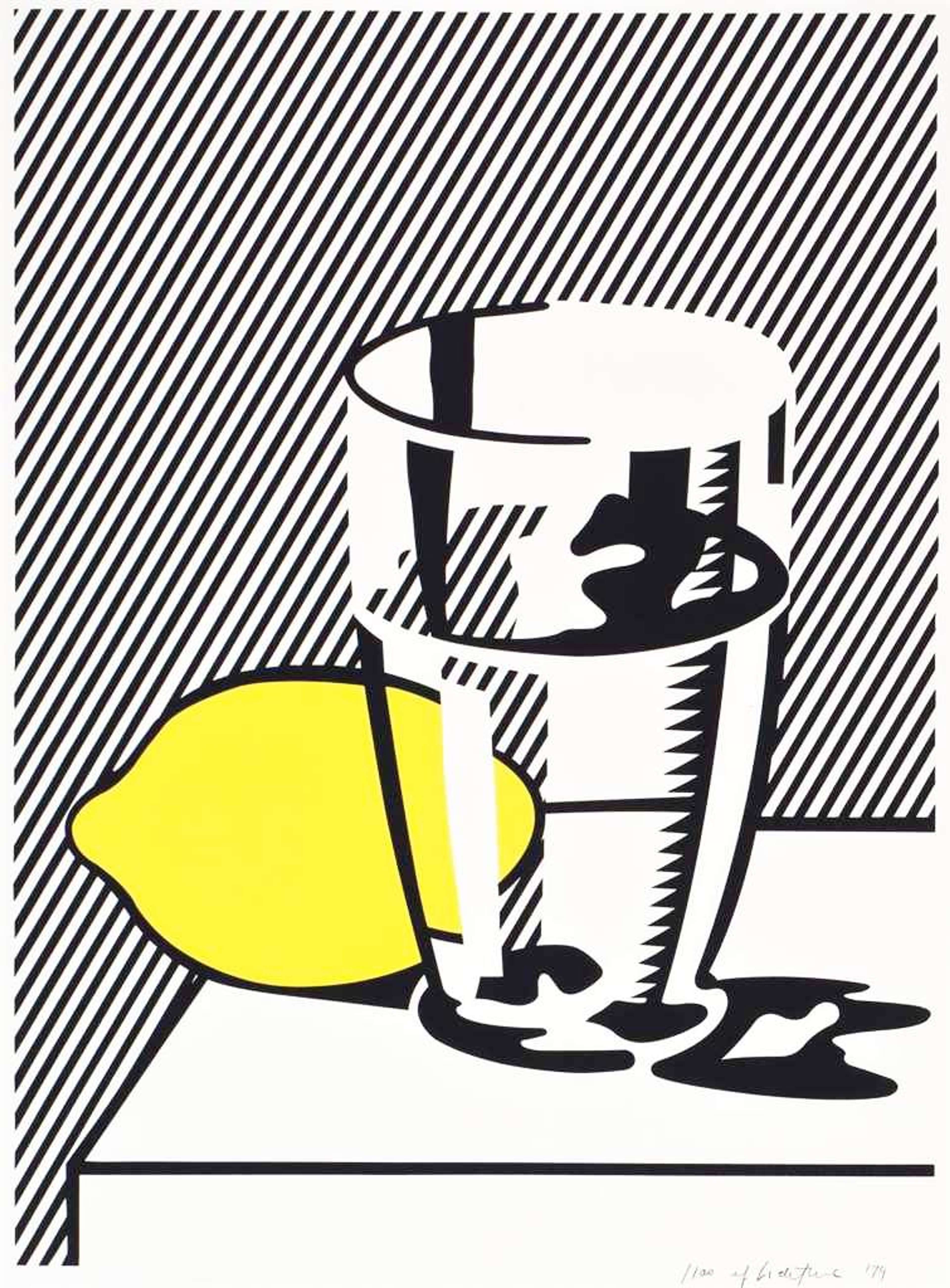 La nature morte avec citron et verre est une composition minimaliste très cadrée représentant des fruits et de la vaisselle. Posé sur un fond à rayures noires et blanches, l'estampe met en scène un verre rempli à plus de moitié au premier plan, devant l'illustration jaune saisissante d'un citron.