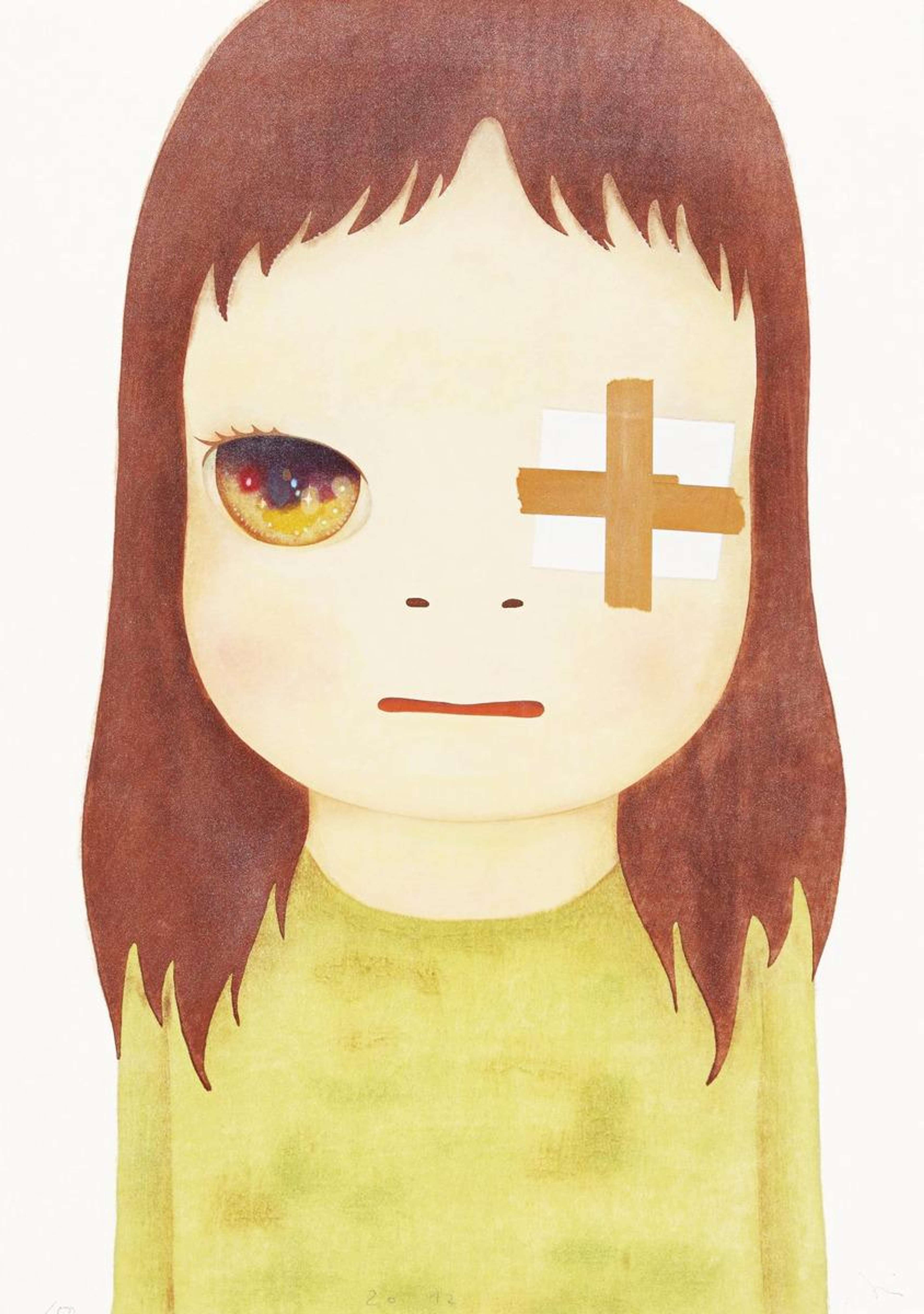 Untitled (Eye Patch) de Yoshitomo Nara. Une estampe sur bois représentant une jeune fille dont l'œil est recouvert d'un bandage. Untitled (Eye Patch) de Yoshitomo Nara. Une estampe sur bois représentant une jeune fille dont l'œil est recouvert d'un bandage.