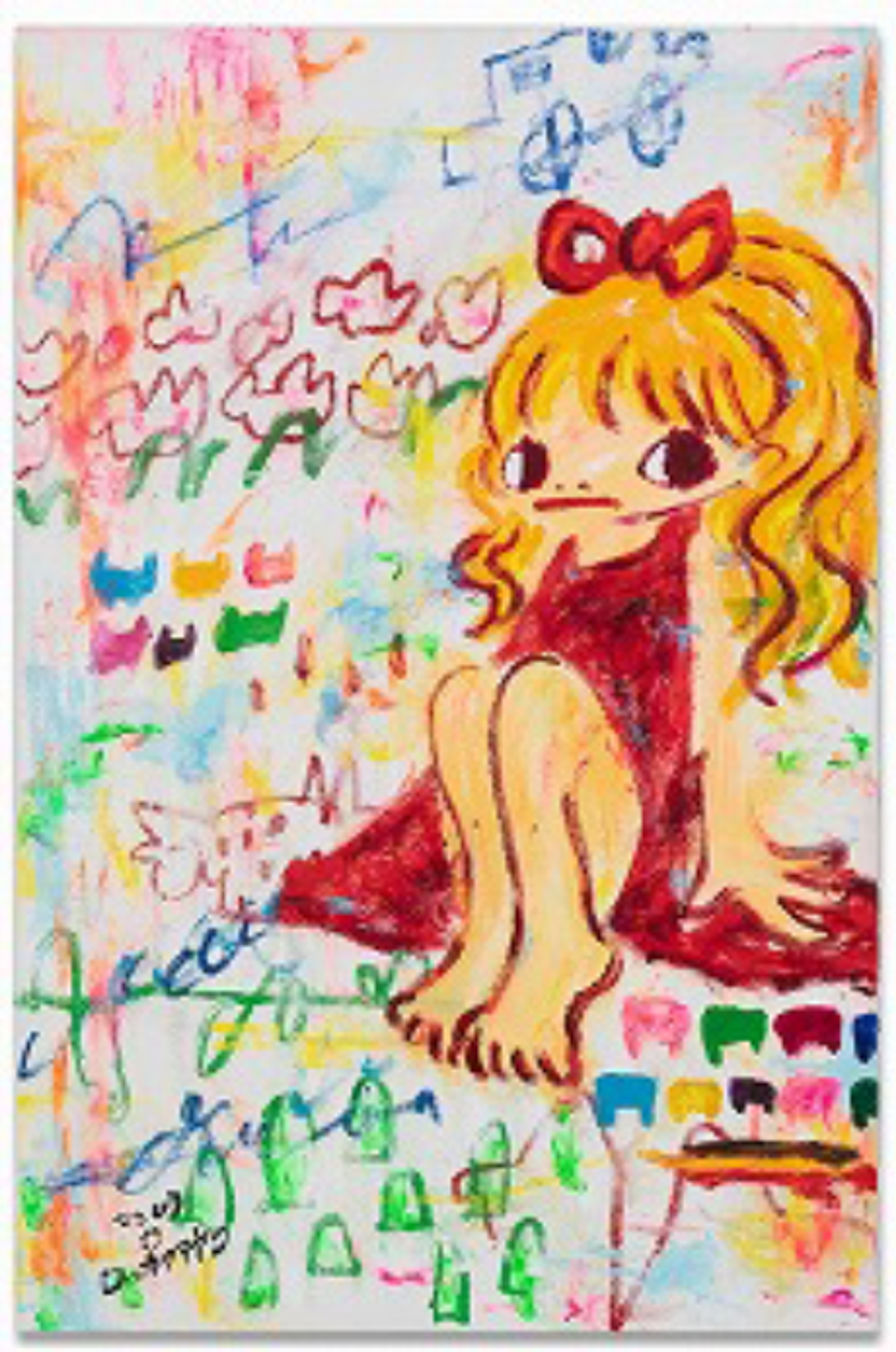 A whimsical painting of an anime-inspired blonde female character with a red bow and dress, depicted in a child-like style against a light background filled with colourful shapes and handwritten-style markings.