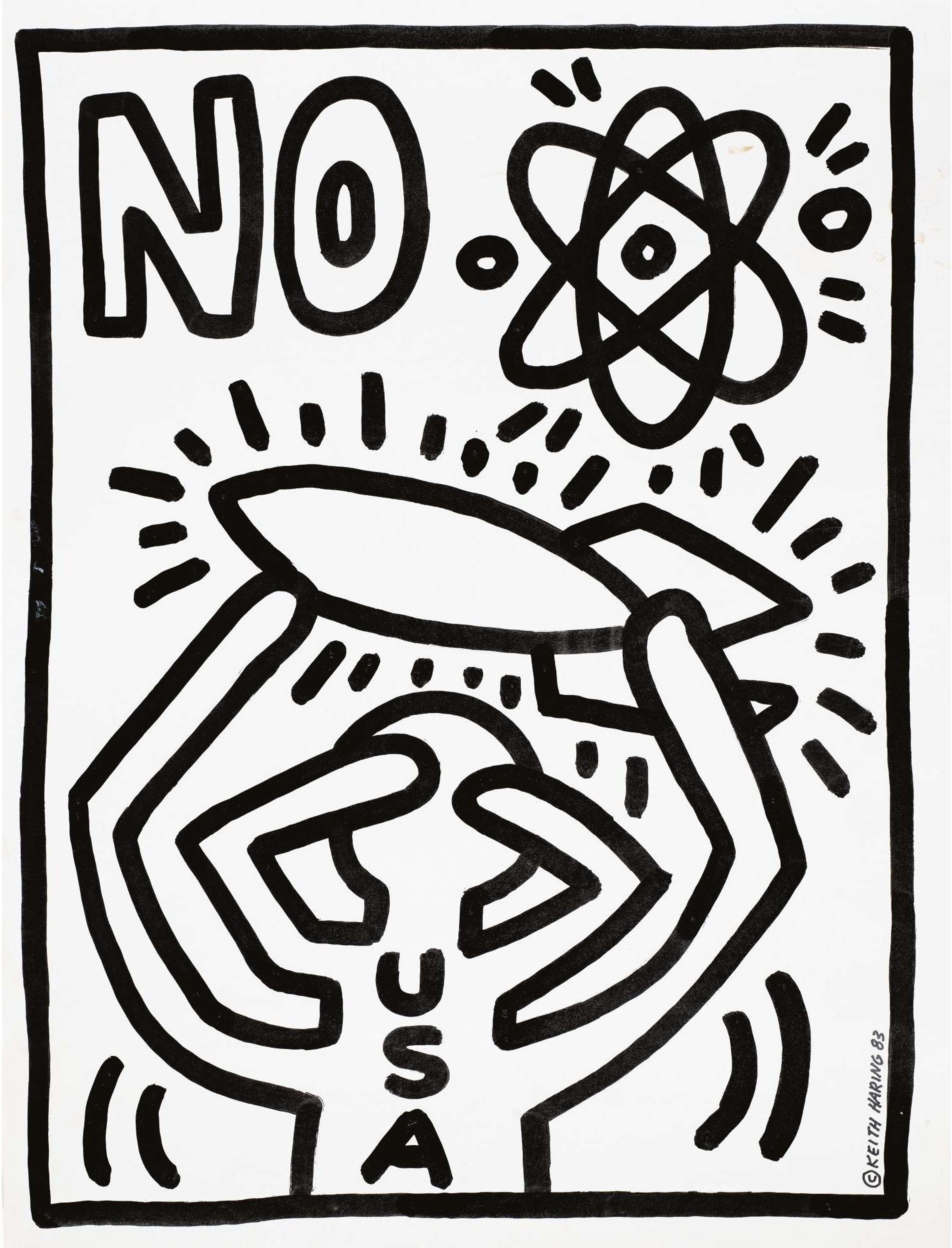 Cette estampe de Keith Haring, qui n'utilise que des contours noirs épais sur fond blanc, représente une figure avec deux paires de mains levées vers le ciel. Alors qu'une paire de mains dissimule une partie du visage du personnage, le geste évoque la tendance collective à fermer les yeux devant la violence. Disproportionnée par rapport au reste du corps, l'autre paire de mains soutient un missile qui flotte librement dans les airs.