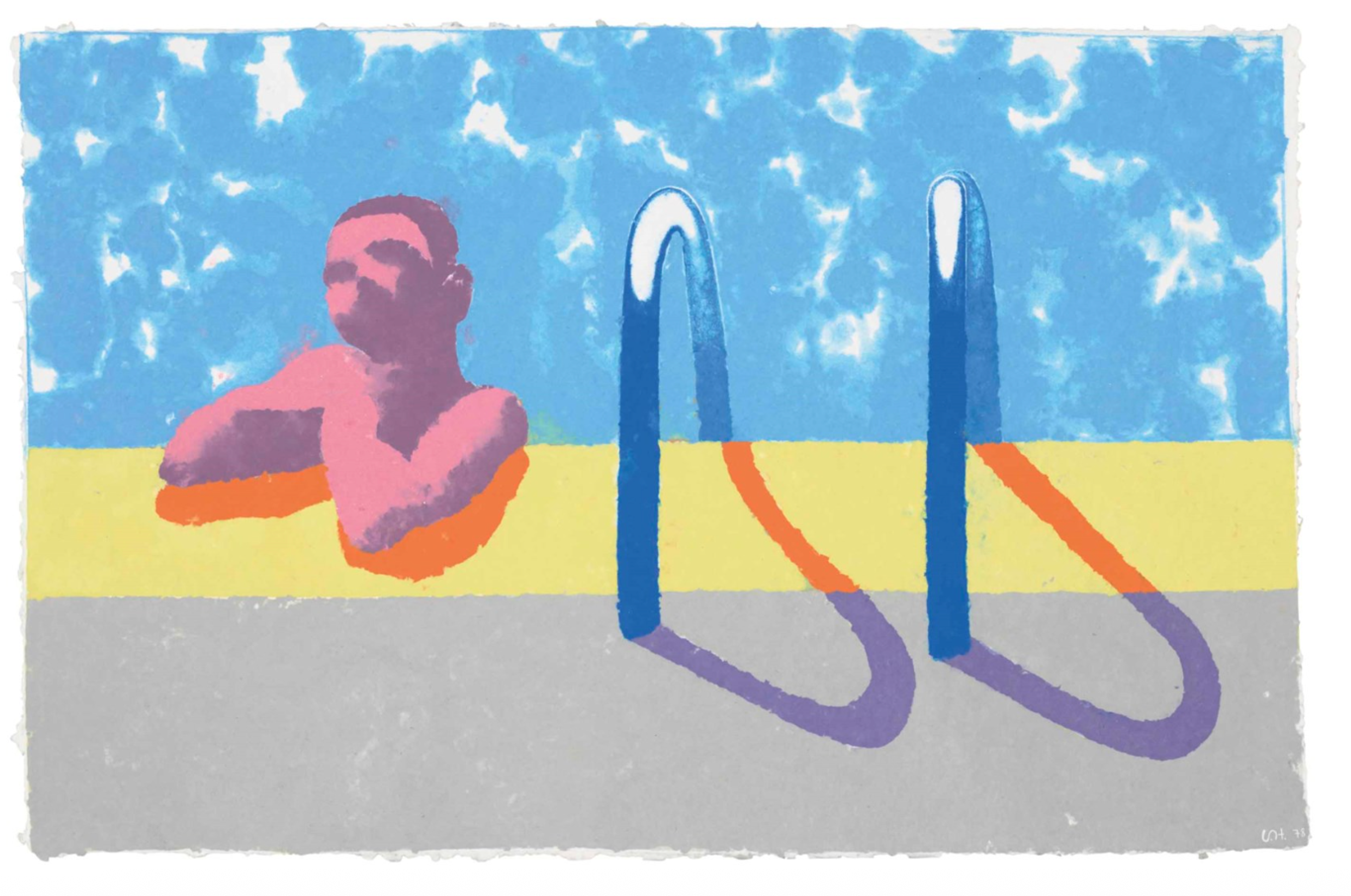 Une illustration stylisée aux tons pastel représentant une silhouette les bras posés sur le bord d'une piscine. Le personnage est rendu dans des nuances de rose et de violet, avec une apparence abstraite et sans visage. Deux échelles de piscine métalliques incurvées projettent de longues ombres colorées – orange et violet – sur la surface du bord de la piscine. L'eau derrière le personnage est dépeinte dans un bleu texturé et vibrant, évoquant la réverbération du soleil sur la surface d'un bassin.