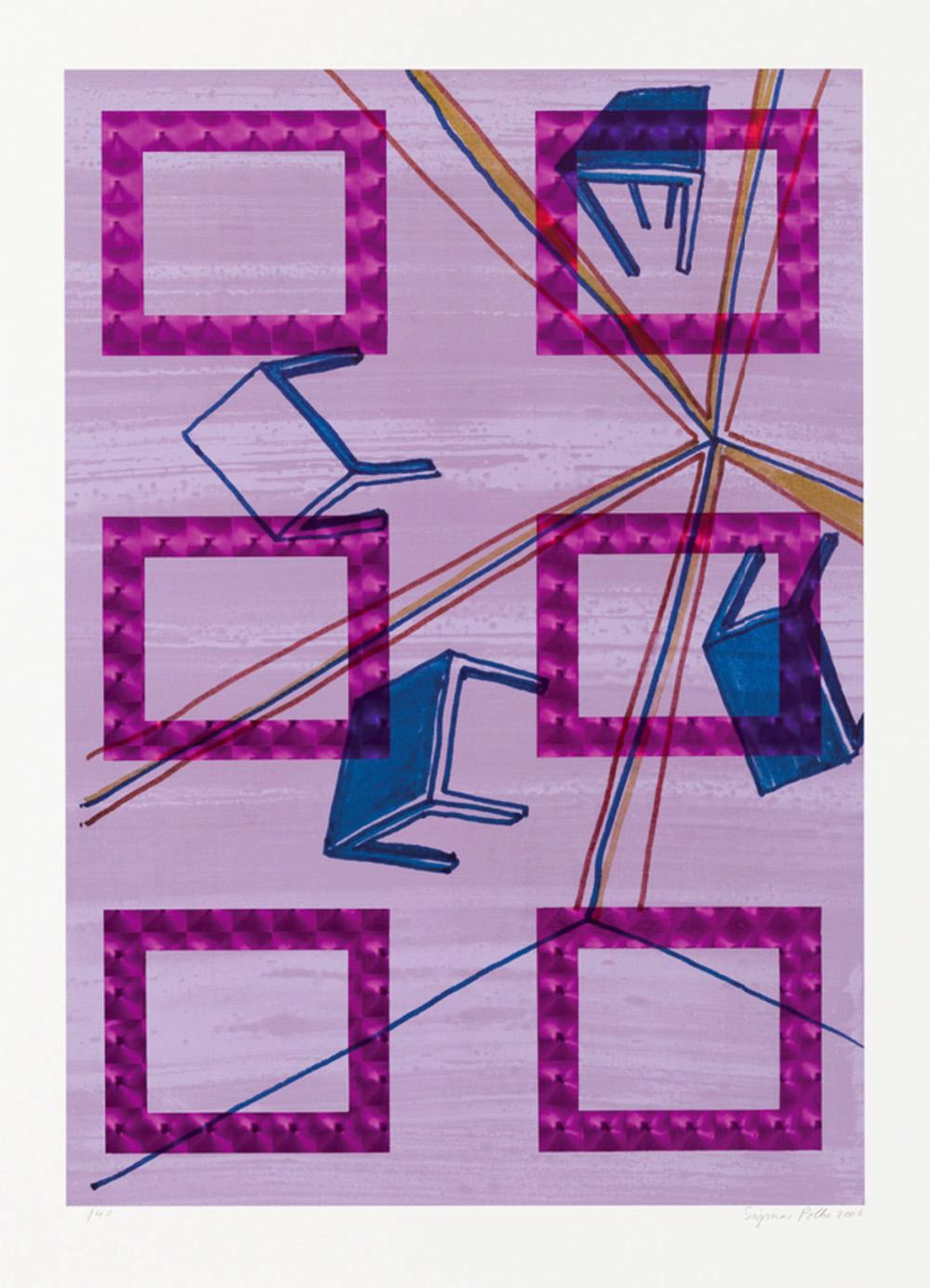 Une estampe avec un fond violet clair, disposée en orientation portrait. Six rectangles violets métalliques sont agencés en trois rangées. Quatre tables sont projetées depuis un point situé dans la région centre-gauche de l'image, chacune vue sous un angle différent. Des lignes bleues et jaunes rayonnent à partir de ce point.