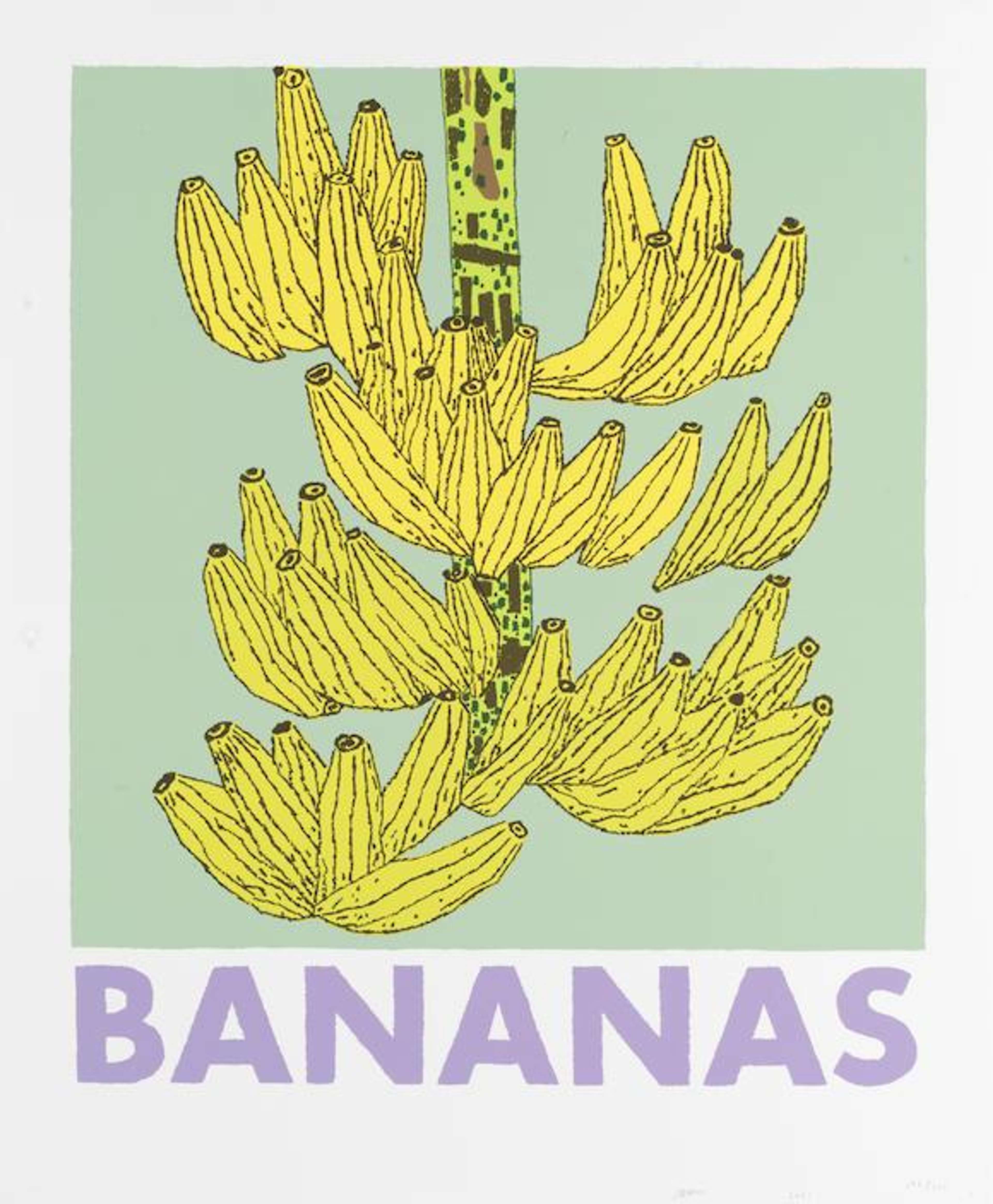 Cette estampe représente un bananier, avec plusieurs régimes de bananes sur un fond bleu pastel.