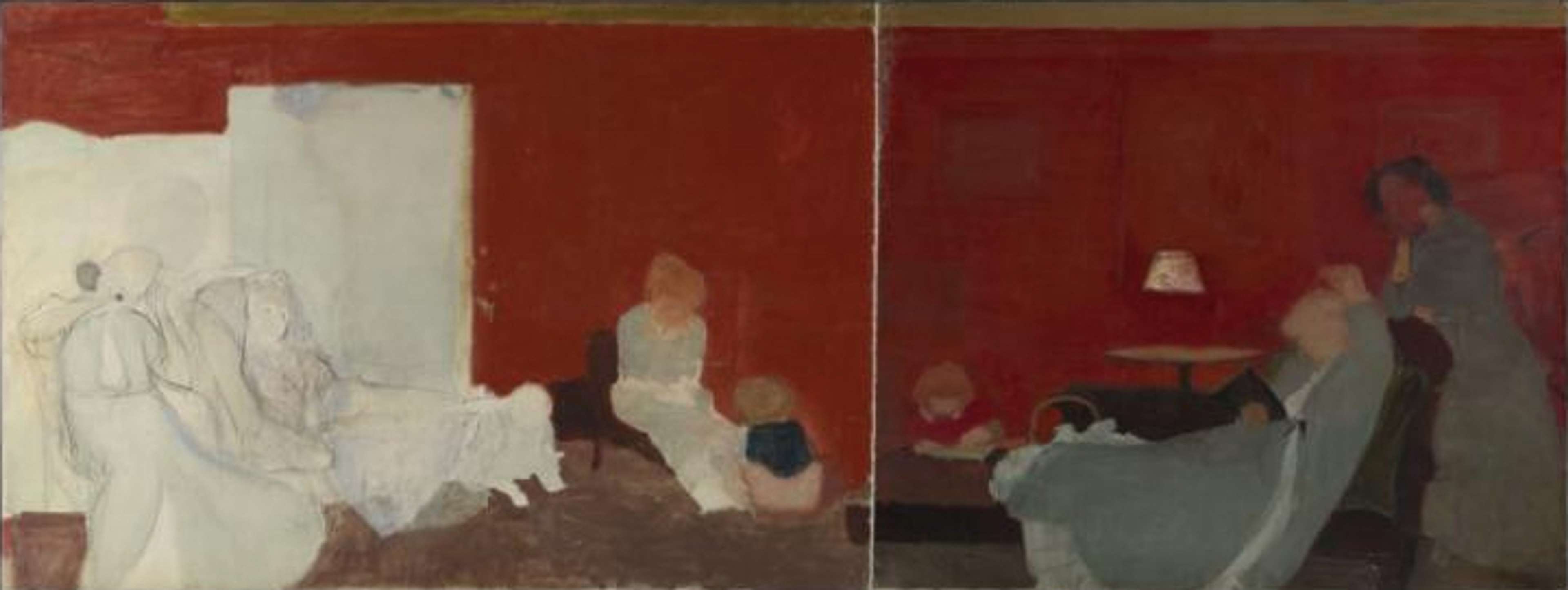 Une peinture intitulée « Interior with Reclining Women » de Victor Pasmore. L'œuvre représente une pièce au mobilier épuré où deux femmes sont allongées sur un canapé, partiellement masquées par des meubles et des ombres.
