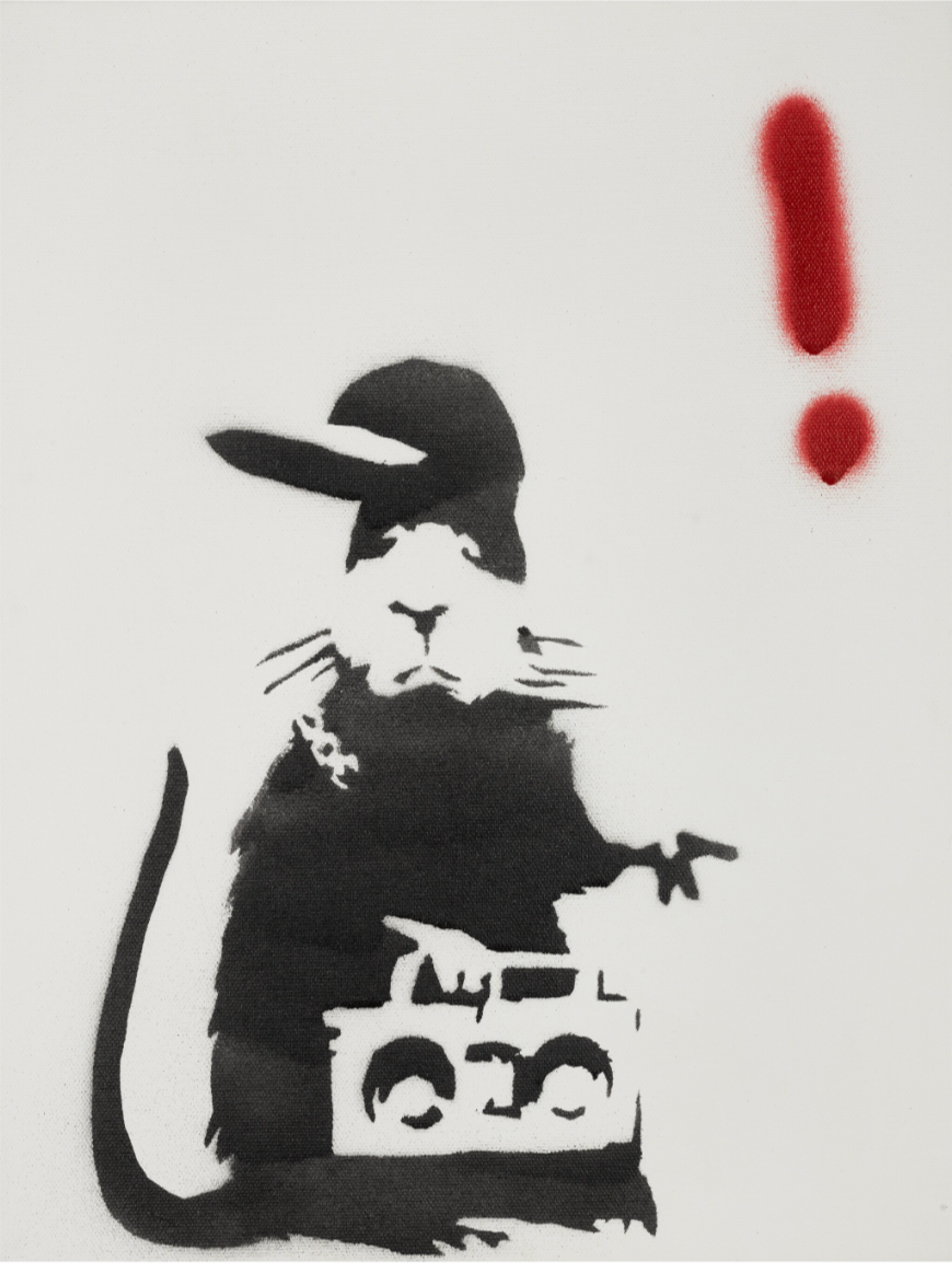 Un rat peint à la bombe en noir, vêtu d'une casquette et d'une chaîne, tenant une chaîne stéréo (boombox). Dans le coin supérieur droit de la composition se trouve un point d'exclamation rouge peint au hasard au pochoir.