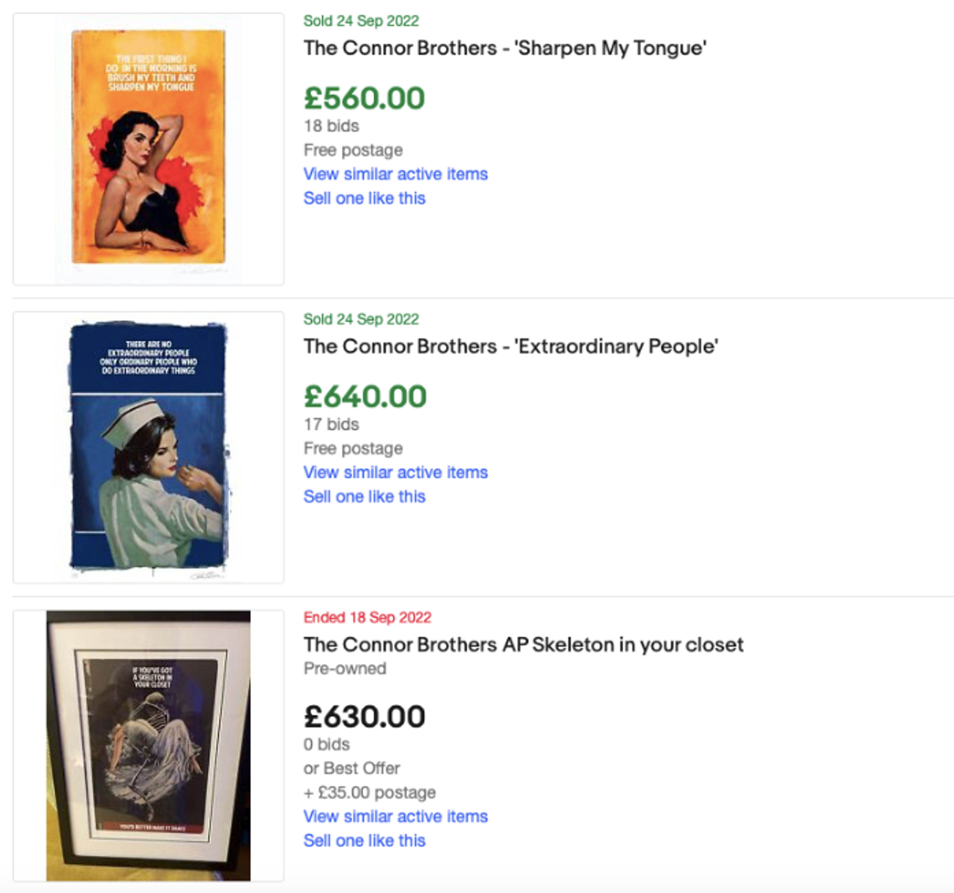 Listings Ebay des Connor Brothers Septembre 2022