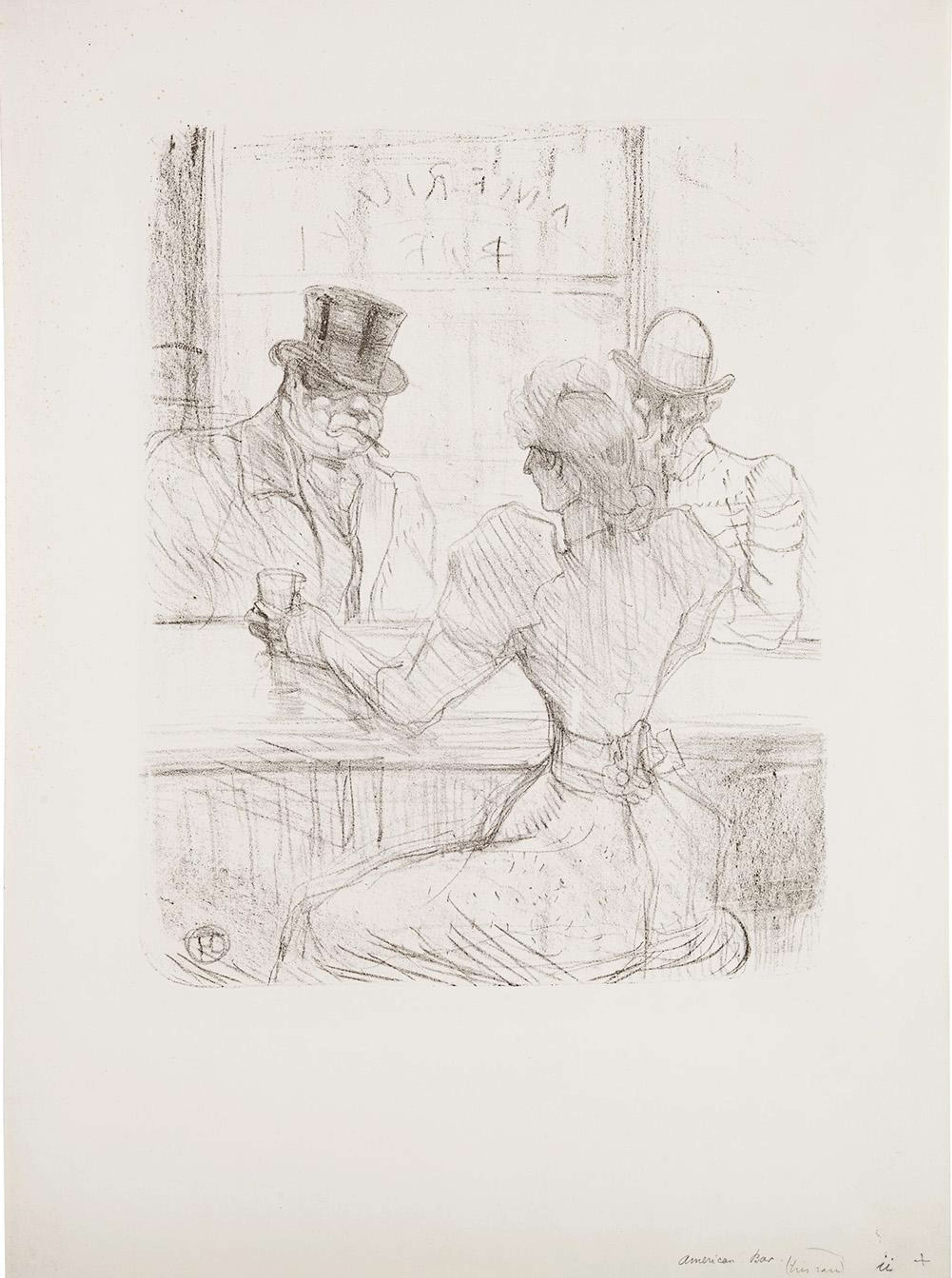 Un croquis au crayon représentant une femme assise dans un bar. Elle porte une robe élégante à la taille exagérément cintrée. Elle est de dos par rapport au spectateur, en face d'un homme coiffé d'un chapeau melon et fumant la pipe. Une autre silhouette féminine est visible en arrière-plan.