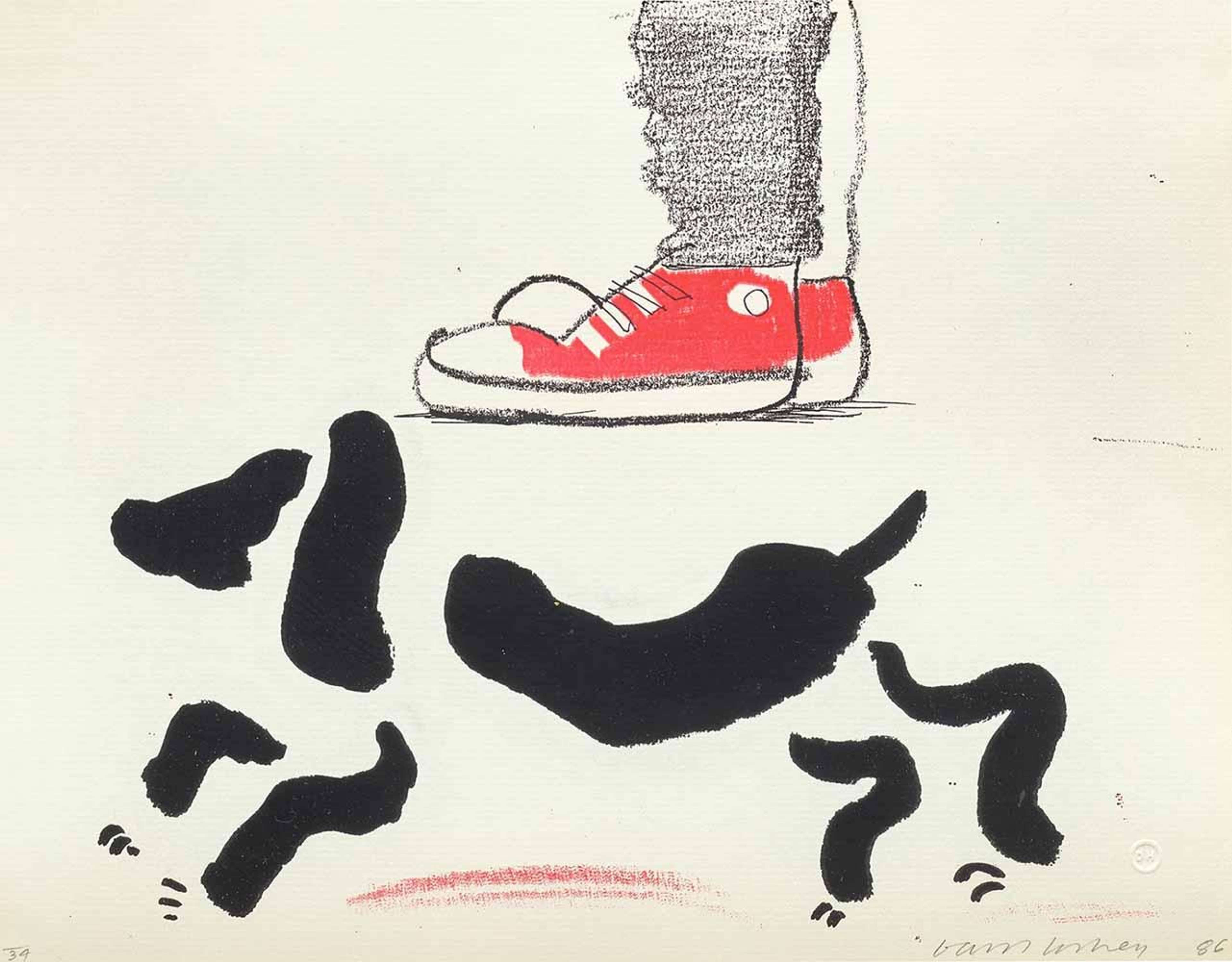 Estampe numérique de David Hockney intitulée « Ian And Heinz », représentant un chien noir avec les baskets rouges d'un homme à l'arrière-plan.