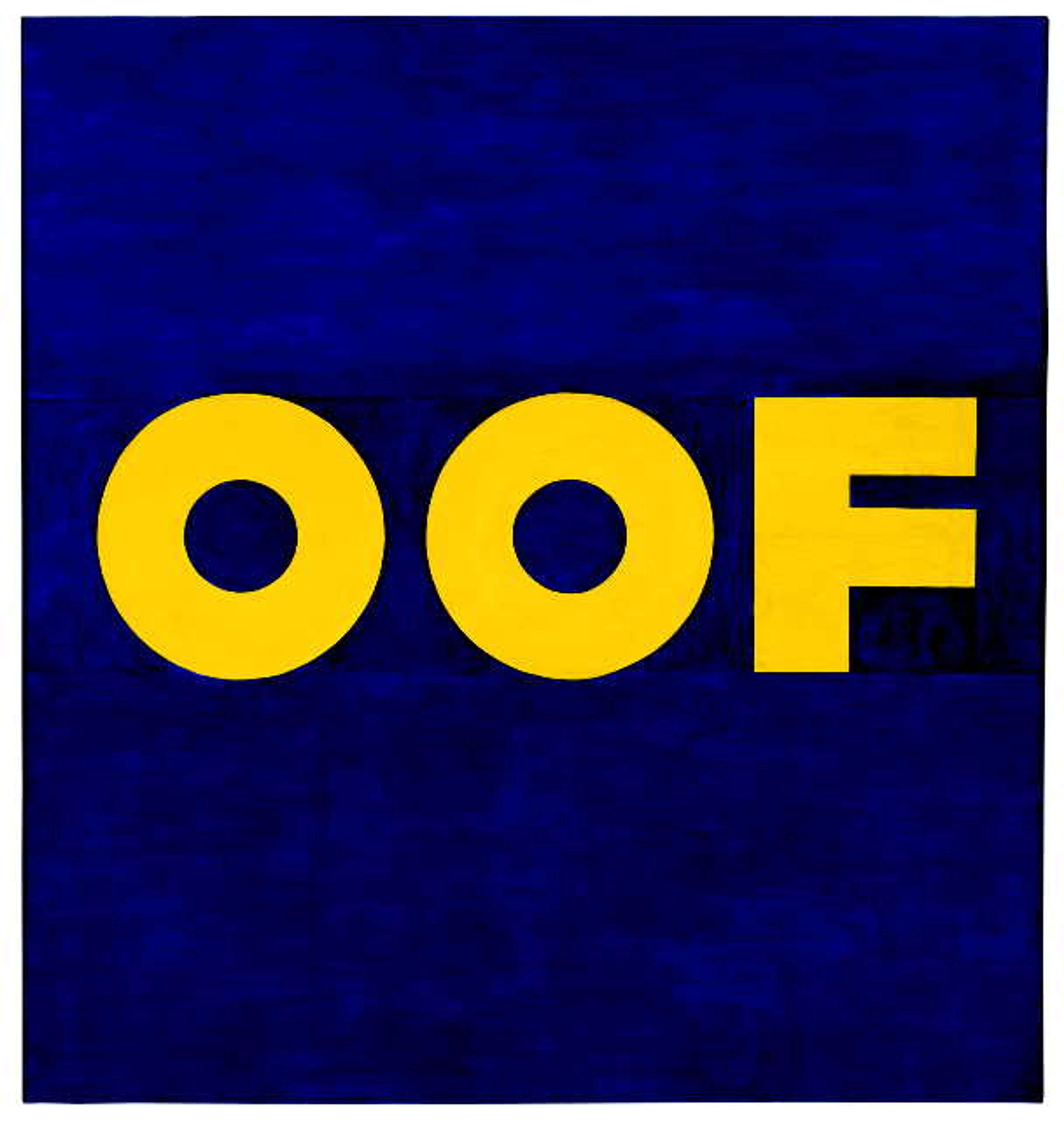 « OOF » écrit en gras, en majuscules jaunes sur un fond bleu foncé