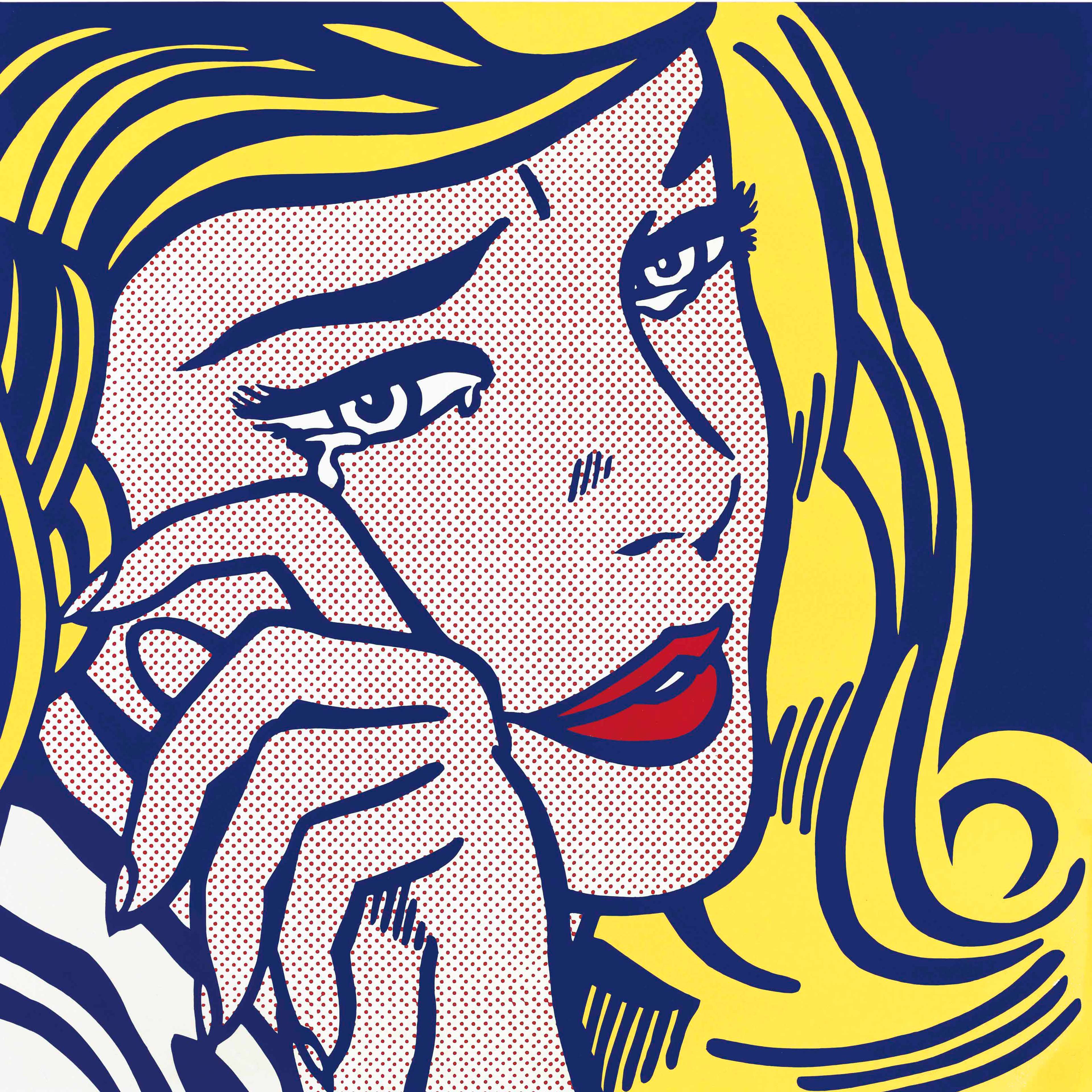 Une œuvre en émail sur porcelaine sur acier de Roy Lichtenstein, intitulée « Crying Girl », représentant un portrait en gros plan d'une femme blonde avec des cheveux stylisés jaunes, des lèvres rouges et une seule larme tombant de son œil. L'œuvre se caractérise par des contours noirs audacieux, un tramage aux points Ben-Day, et une palette limitée de jaune, rouge, noir et blanc, typique du style Pop Art de Lichtenstein. Exécutée en 1964, cette pièce fait partie d'une édition limitée de 5 exemplaires, chacun signé, daté et numéroté par l'artiste au verso.