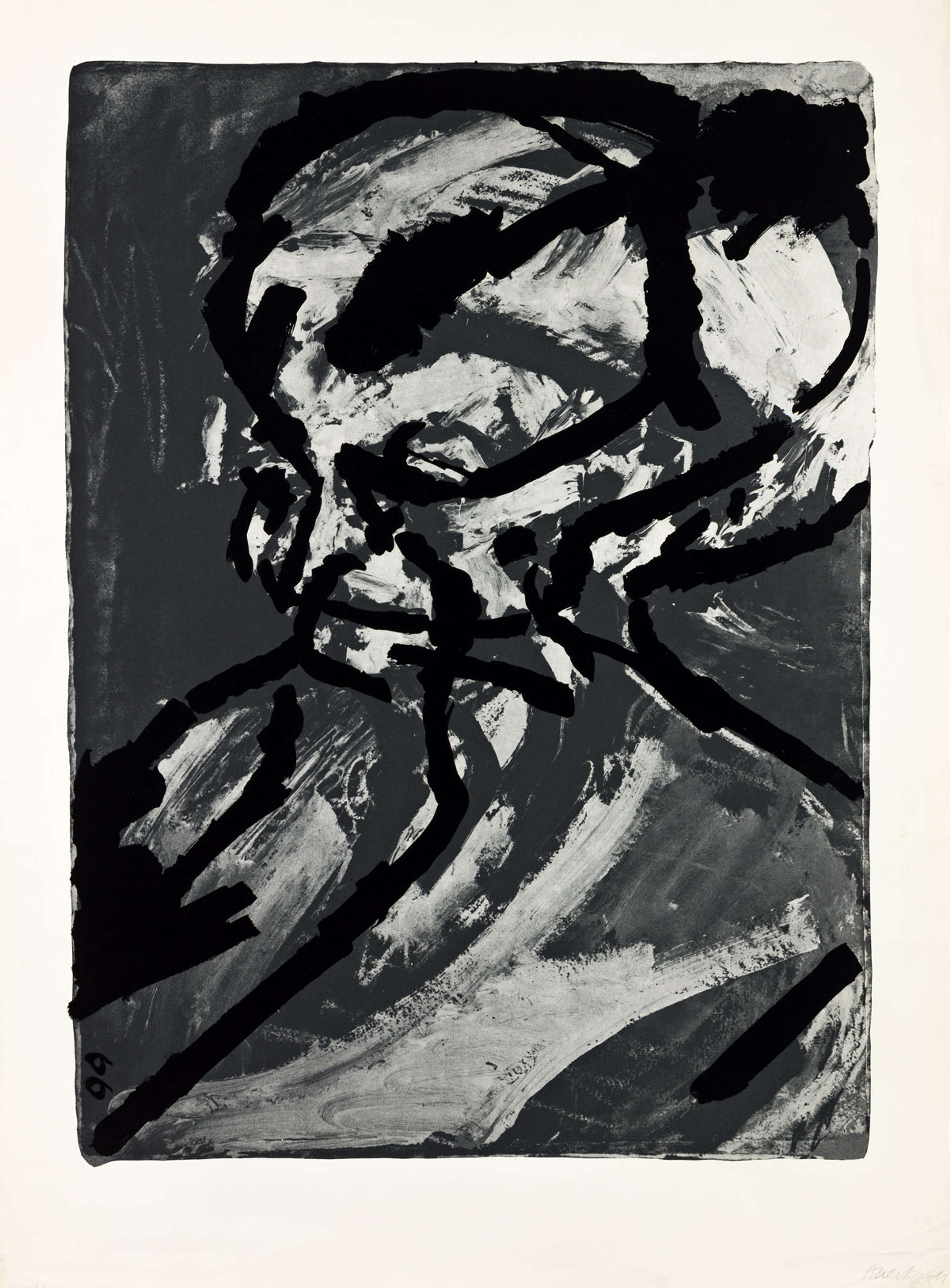 Profil de côté, monochrome, d'une figure abstraite assise.