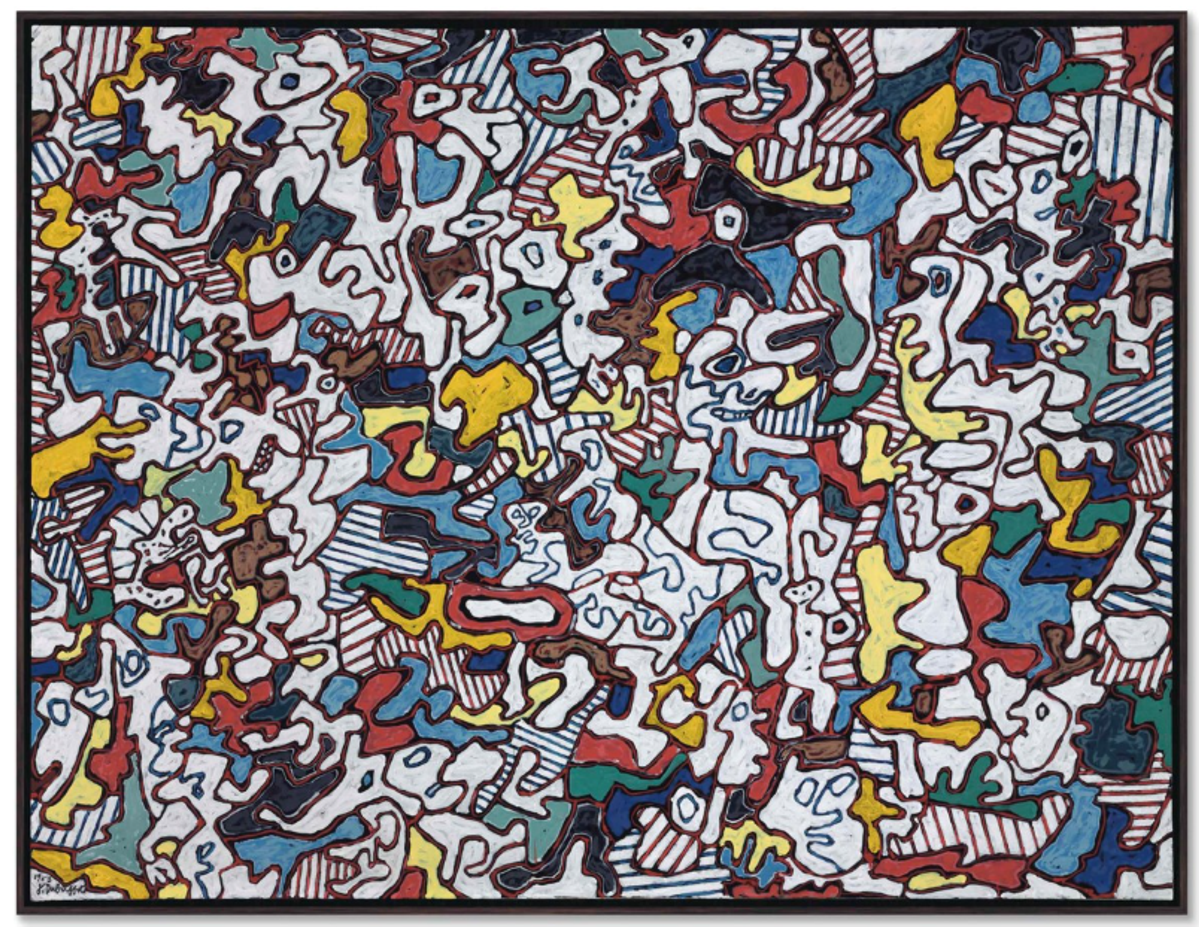 A busy composition of irregular white shapes outlined in black, interspersed with yellow, blue, and red elements. The forms create a complex, interconnected pattern that fills the canvas with intricate designs, some of which resemble figures.