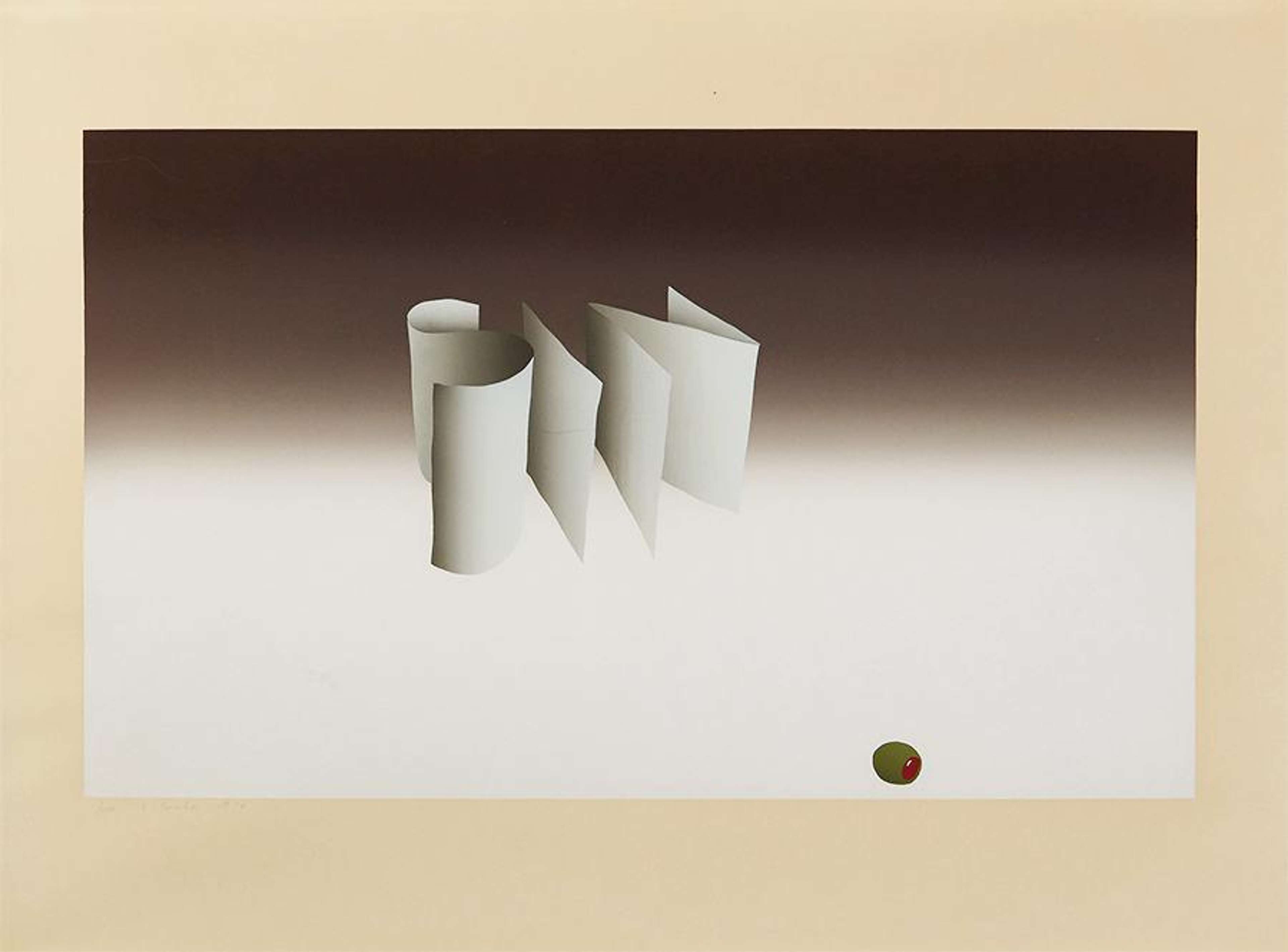 An Ed Ruscha screenprint featuring the word “SIN” on a softly graduated brown background and small olive in right bottom corner.
