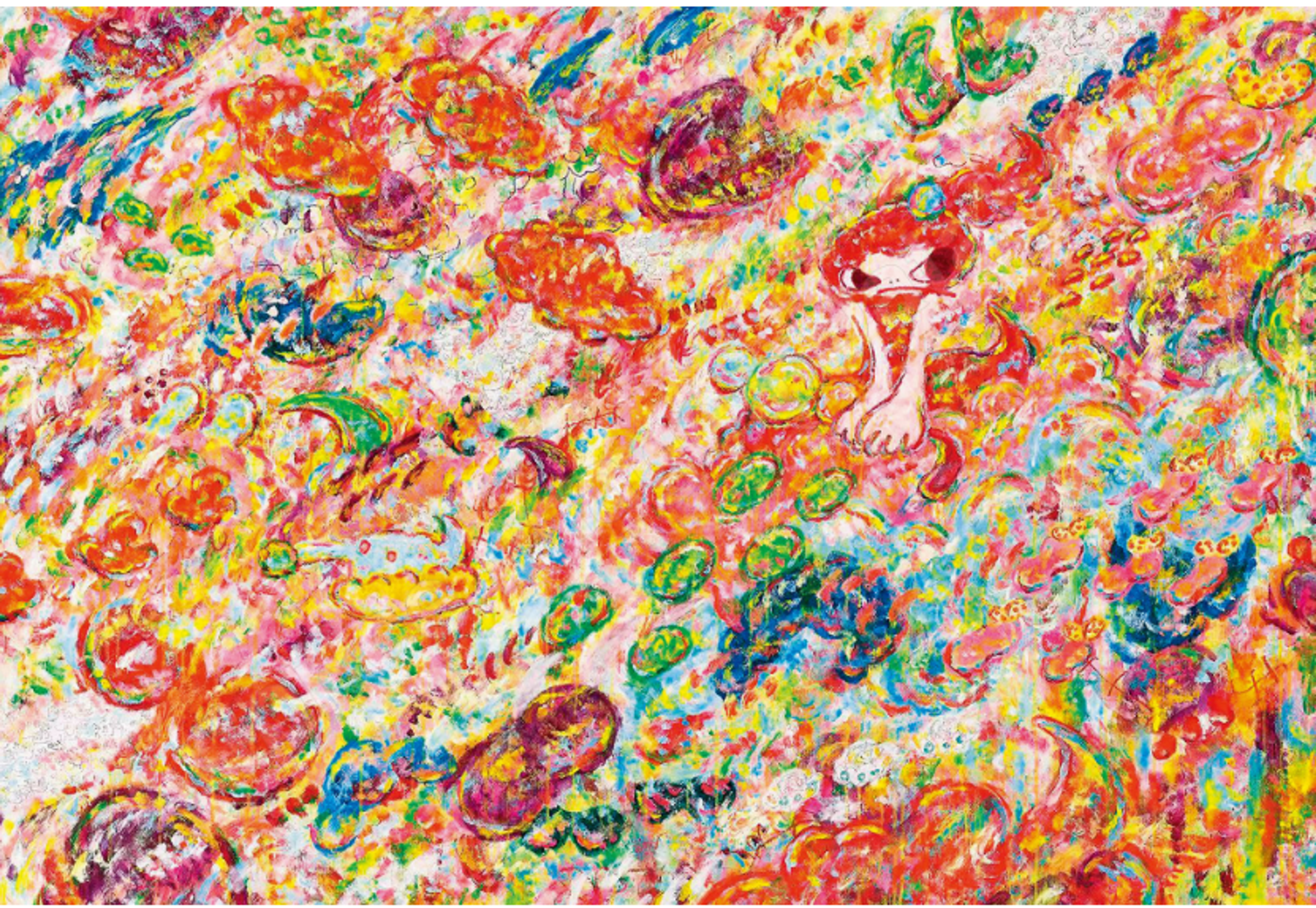 A textured abstract fingerpainting in predominantly orange, yellow and red tones with scattered colourful elements throughout the canvas. Amidst the spontaneous colour is an angry-looking child-like female figure, painted in an anime style.