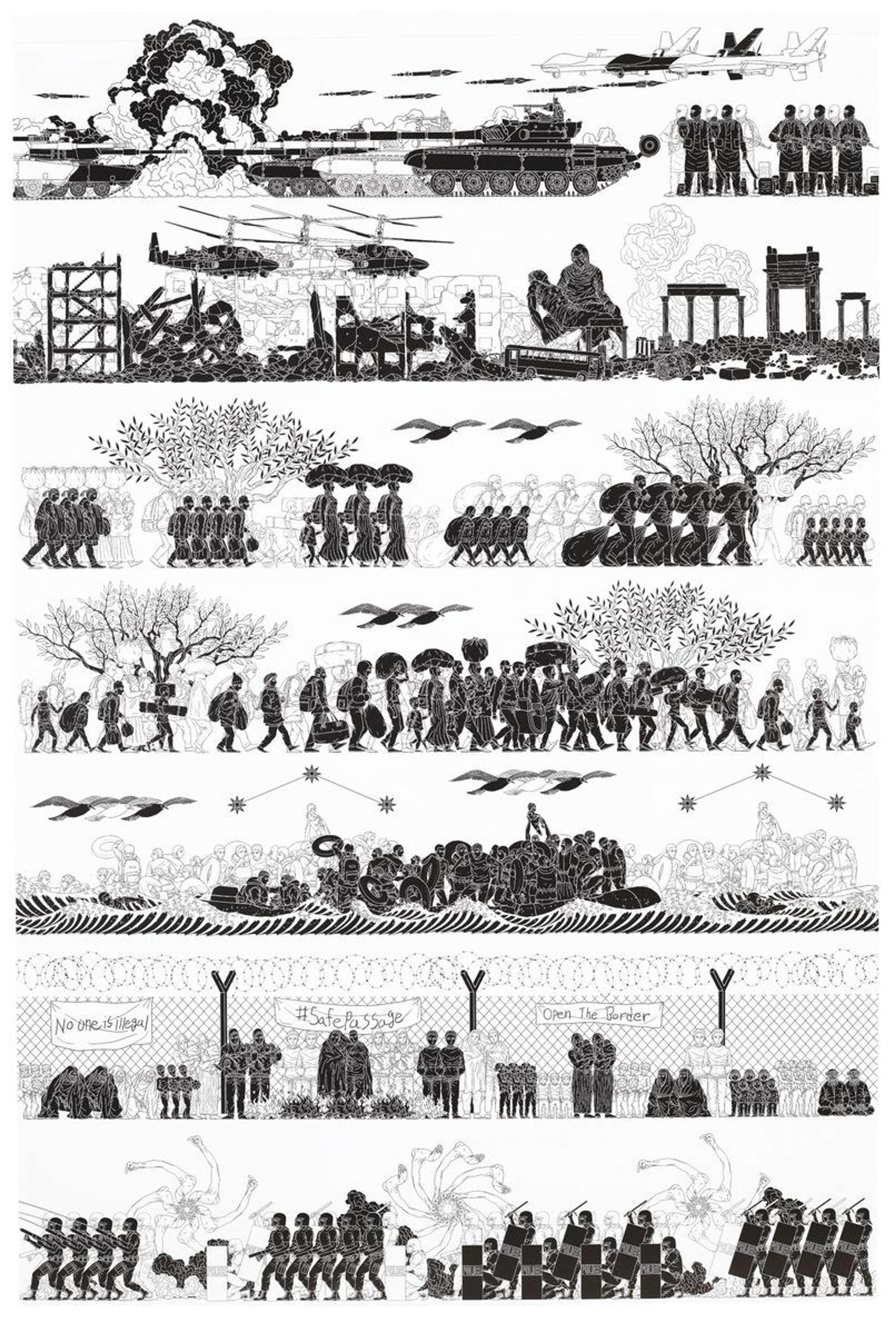 Odyssey d'Ai Weiwei (2017). Une estampe en noir et blanc présentant sept scènes de guerre, inspirées des frises.