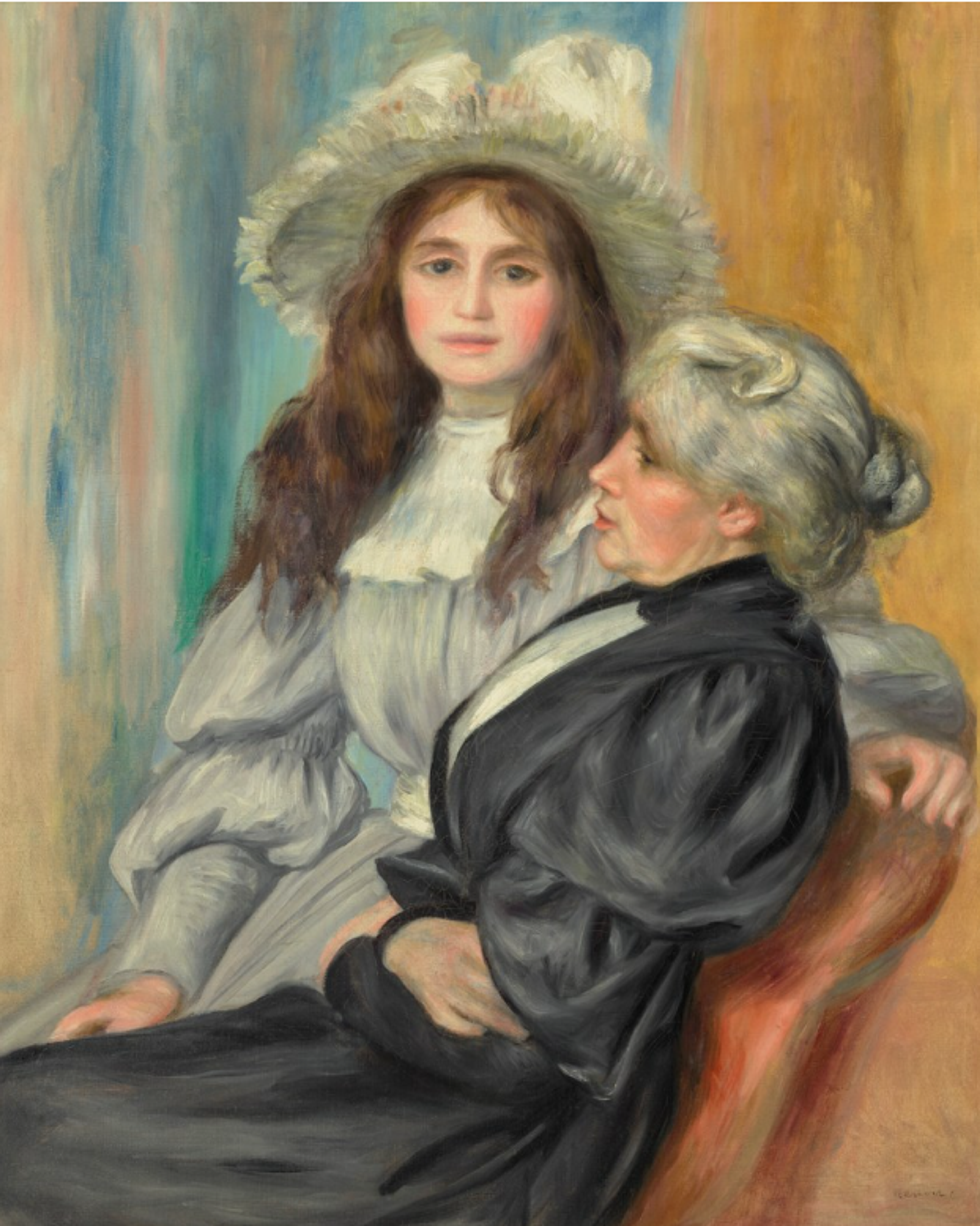 A woman in black clothing with grey hair sits in profile next to a younger girl in a white dress with a large white hat and long dark hair. The younger girl looks directly at the viewer. They appear to be seated by a window.