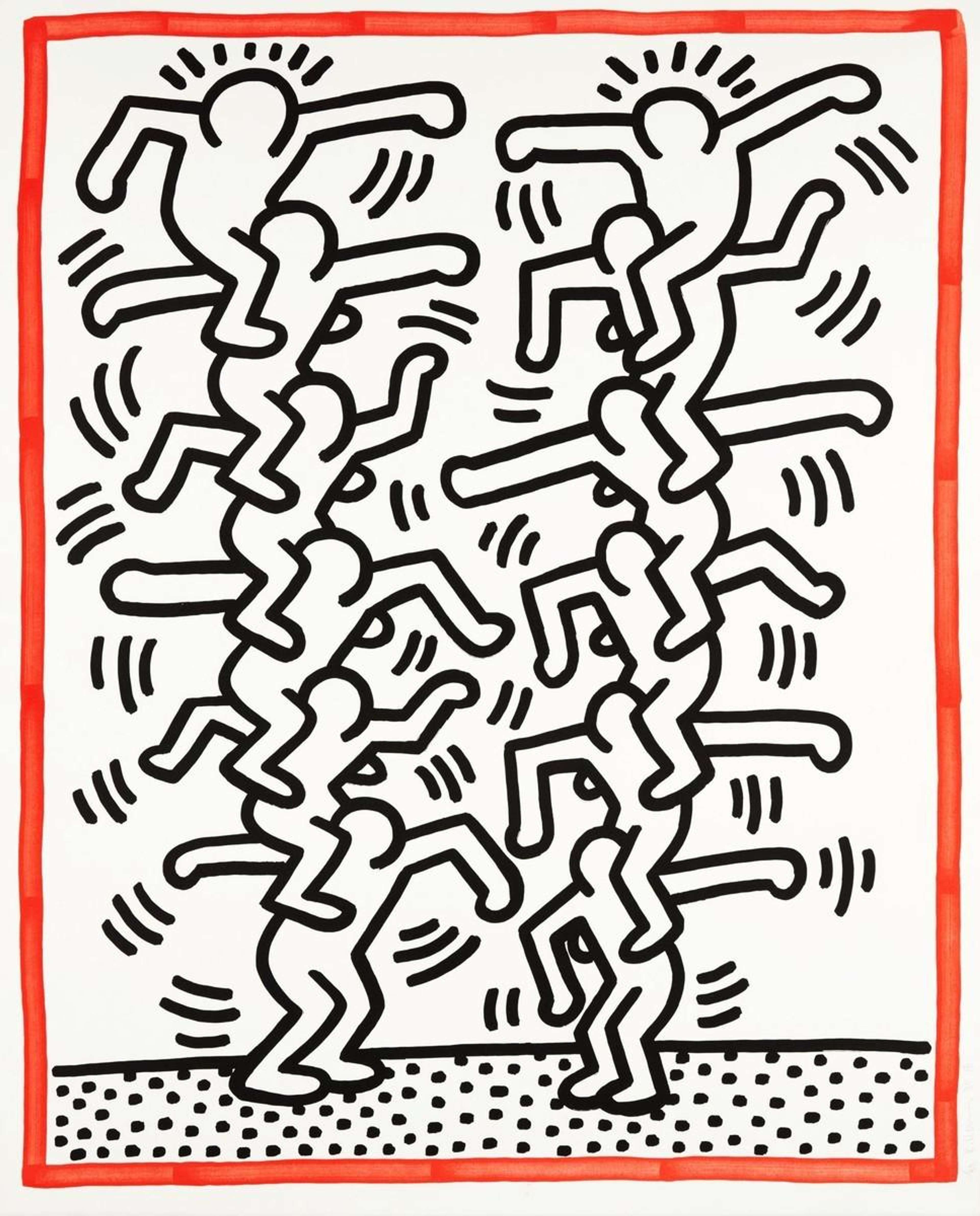 A lithograph by Keith Haring, titled “Three Lithographs 3”, depicting two vertical stacks of red stick figures facing inward on a black background. The artwork features bold black outlines, white highlights, and Haring’s symmetrical graphic style. Executed in Pop Art lithography, with the print signed.