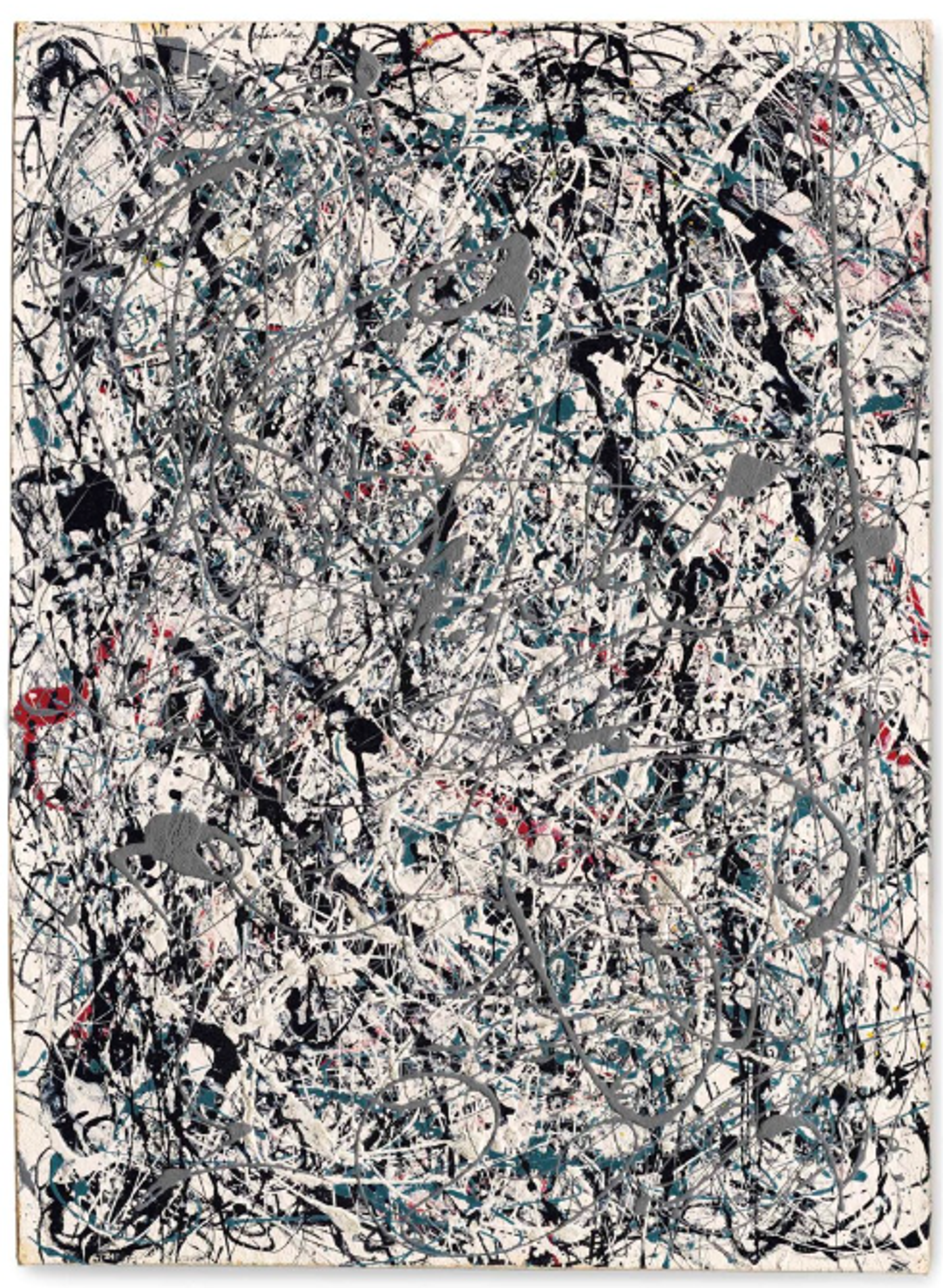 A vertical painting featuring a web of black, white, and grey lines, with occasional touches of pink and red. The surface is busy and intricate, with a sense of frenetic energy.