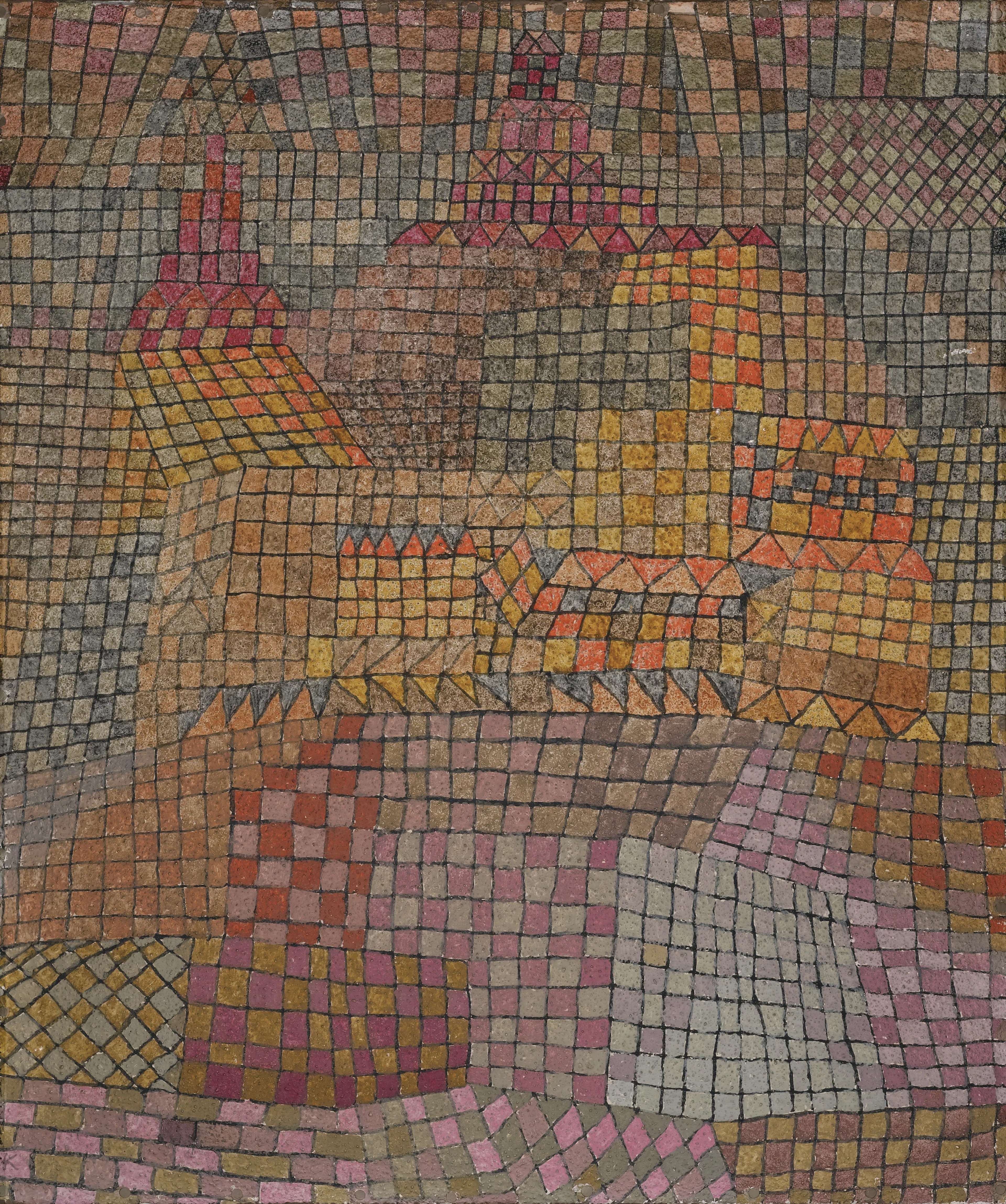 An abstract painting of a castle or townscape, constructed from interlocking rectangles and triangles, each given a flat colour. The piece is primarily pink, yellow, and blue, with some green to indicate the landscape. No neighbouring shapes are exactly the same colour. The style is geometric and mosaic-like.
