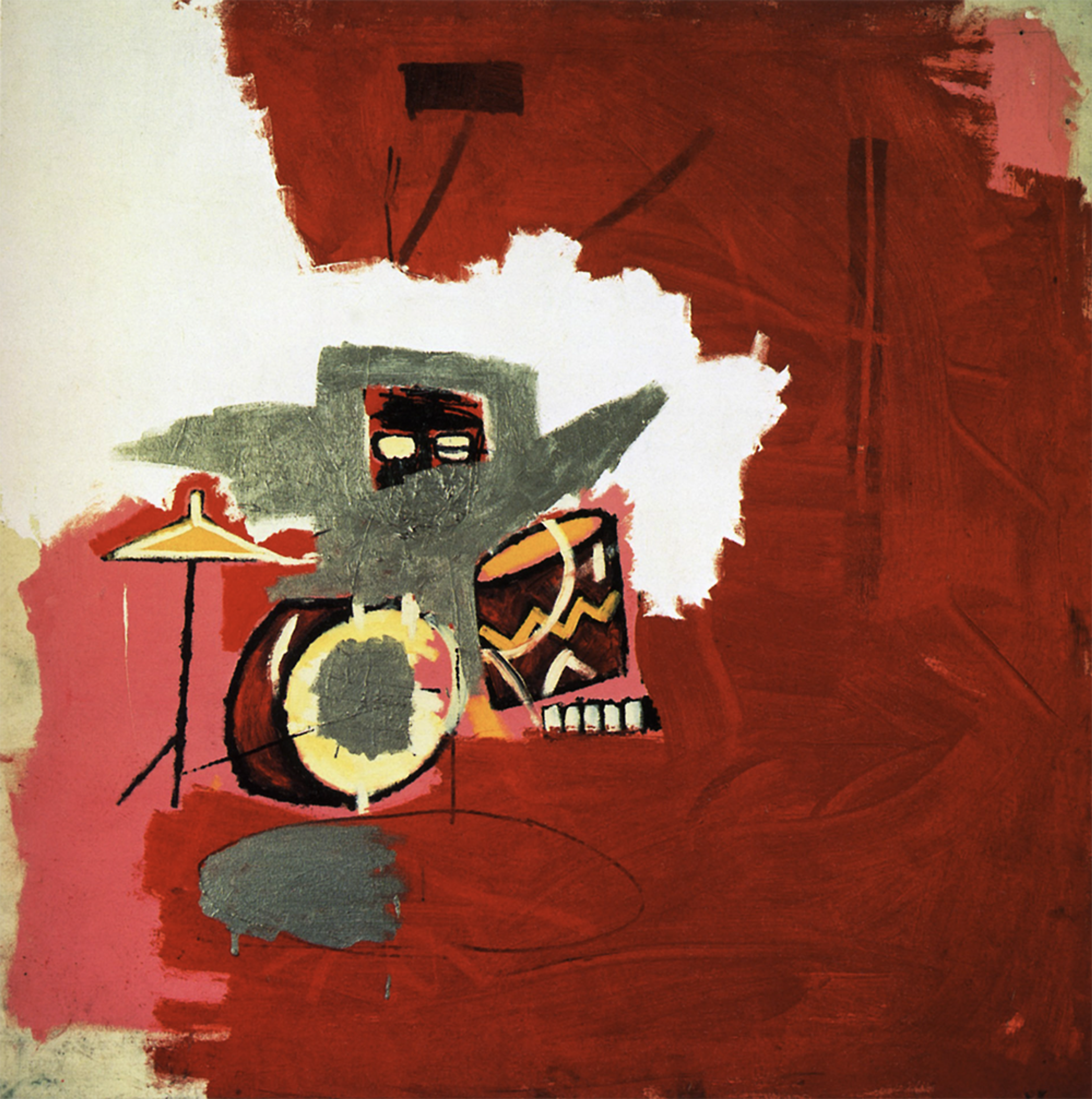 « Max Roach » de Jean-Michel Basquiat. Une Abstract Painting représentant le percussionniste Max Roach assis à sa batterie sur un fond majoritairement rouge.