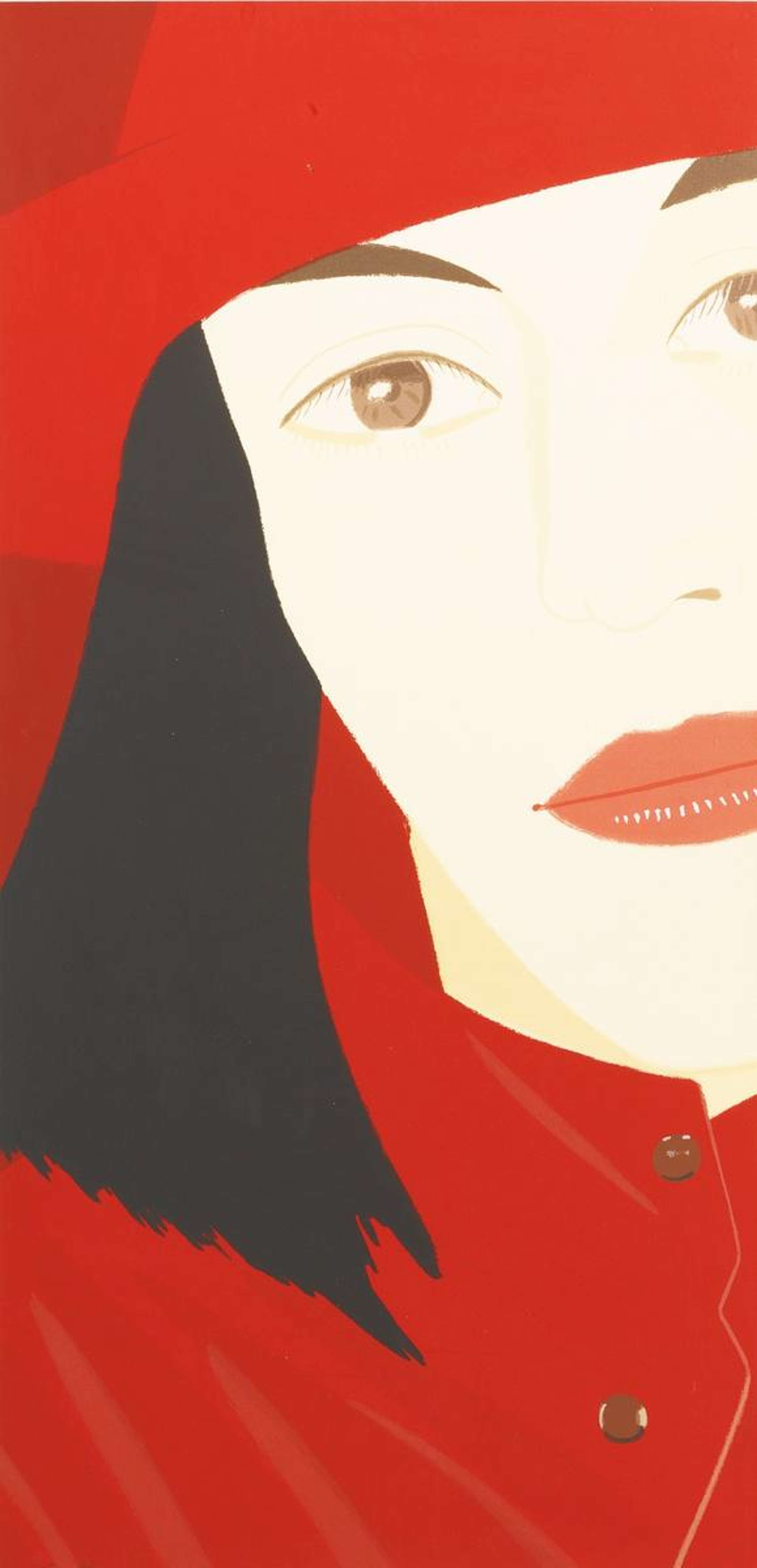 Upclose screenprint of woman's face wearing red hat and coat with matching lipstick