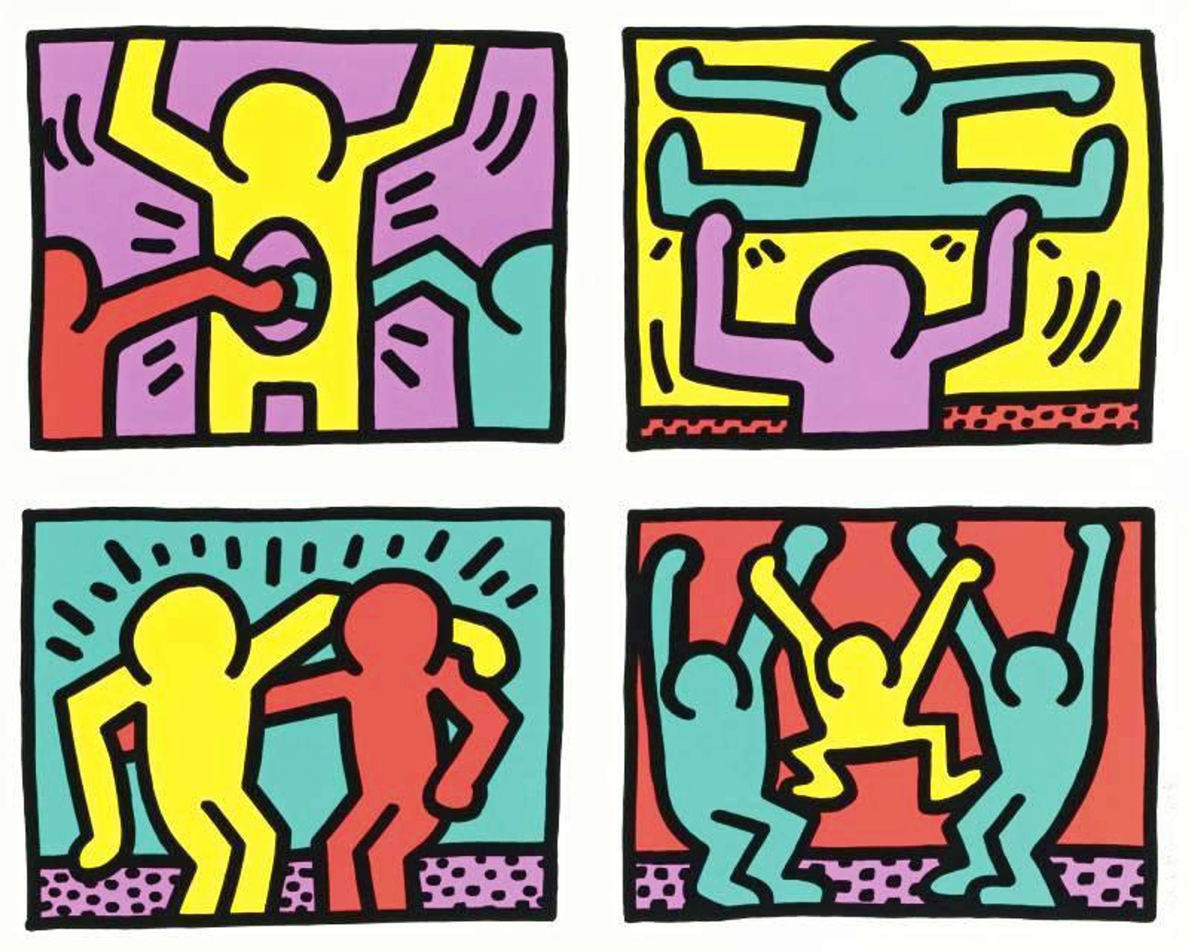 Quatre estampes aux couleurs vives issues de la série "Pop Shop" de Keith Haring. Chaque estampe représente des figures aux contours simples qui s'enlacent, dansent et sautent sur un fond uni de couleur vive.