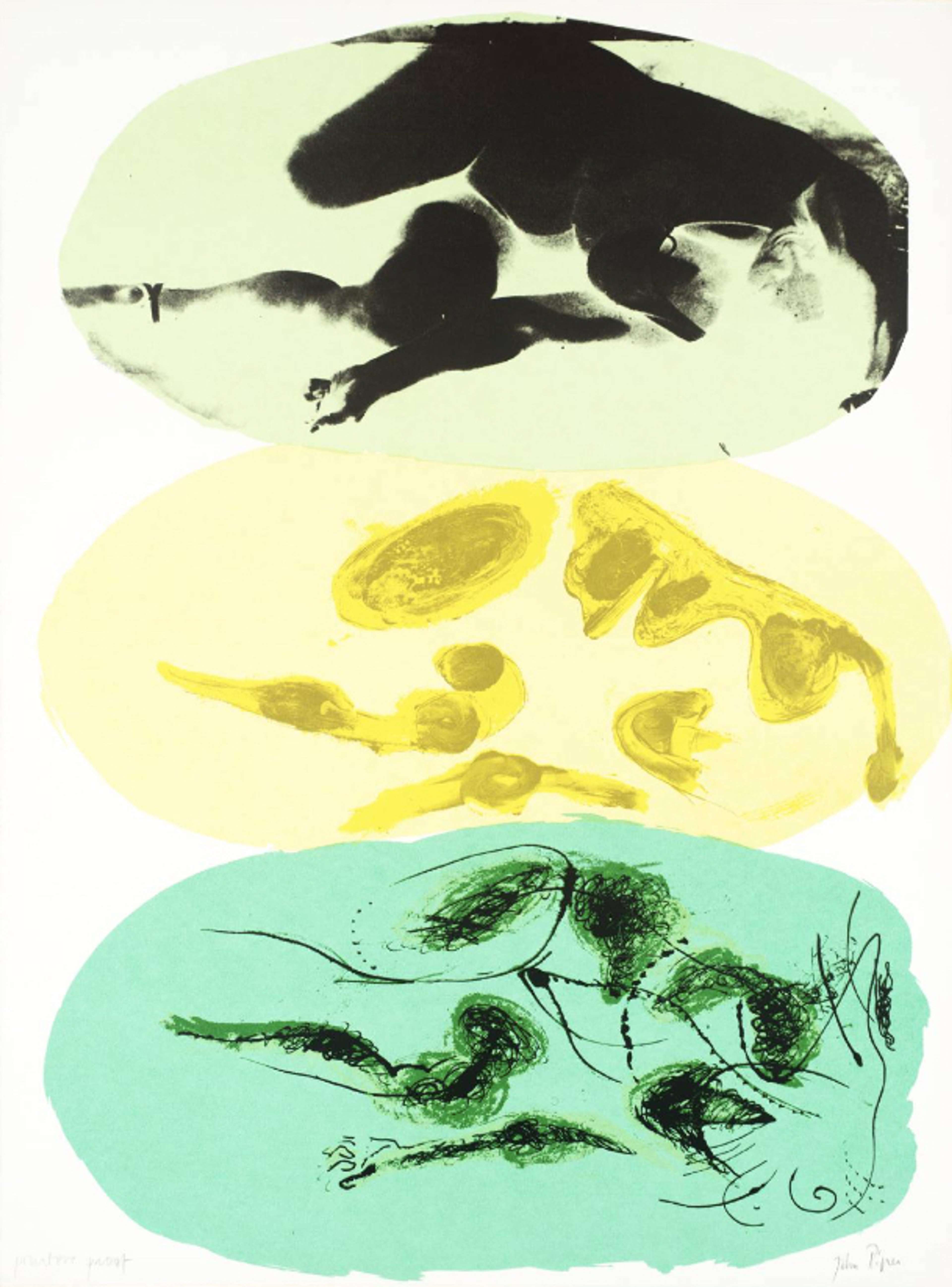 Une sérigraphie représentant un appareil photo jaune stylisé sur fond vert, réalisée par John Piper en 1967.
