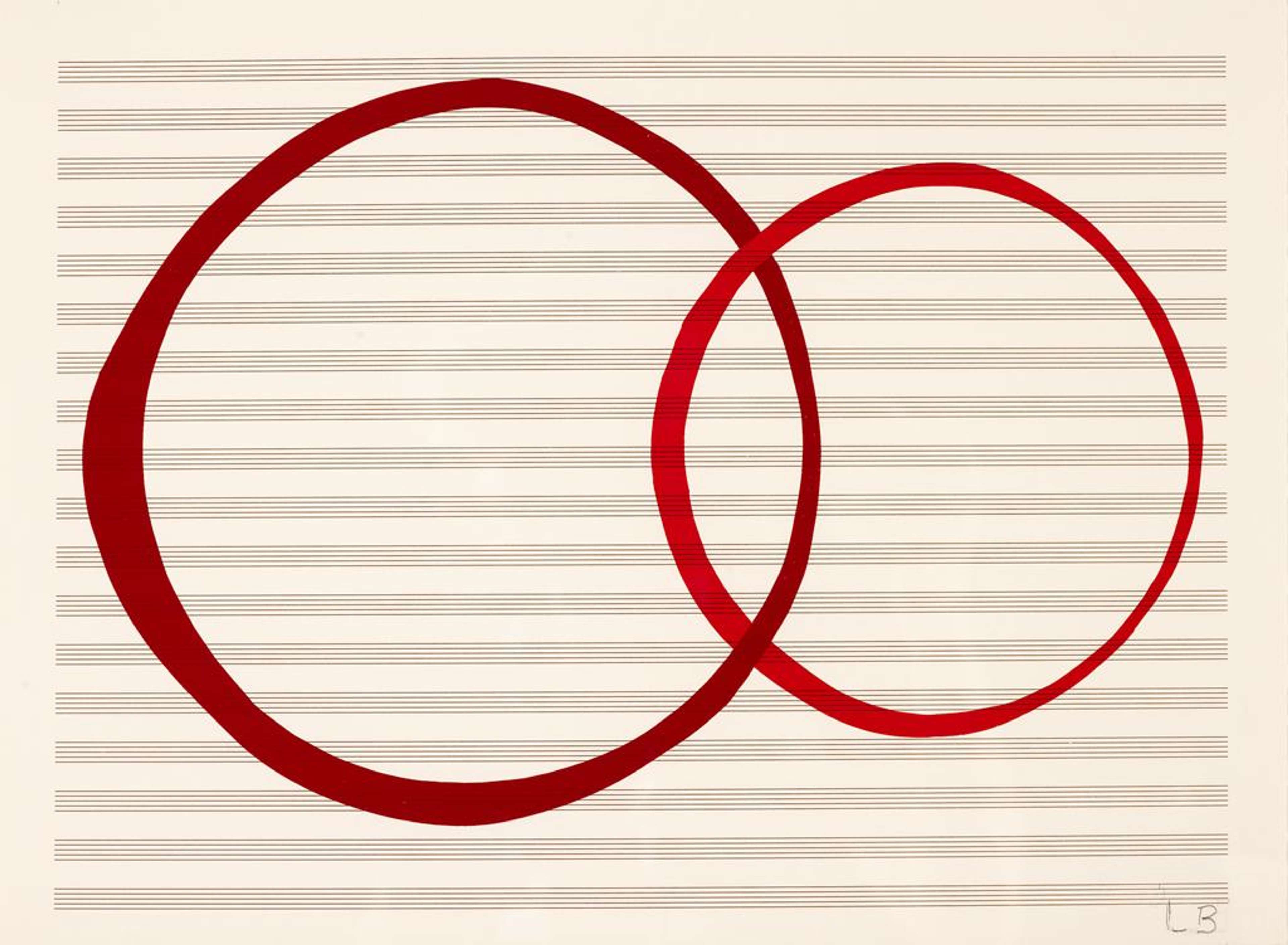 L'« Untitled #10 » de Louise Bourgeois. Une sérigraphie représentant deux cercles rouges reliés sur un fond de lignes horizontales.