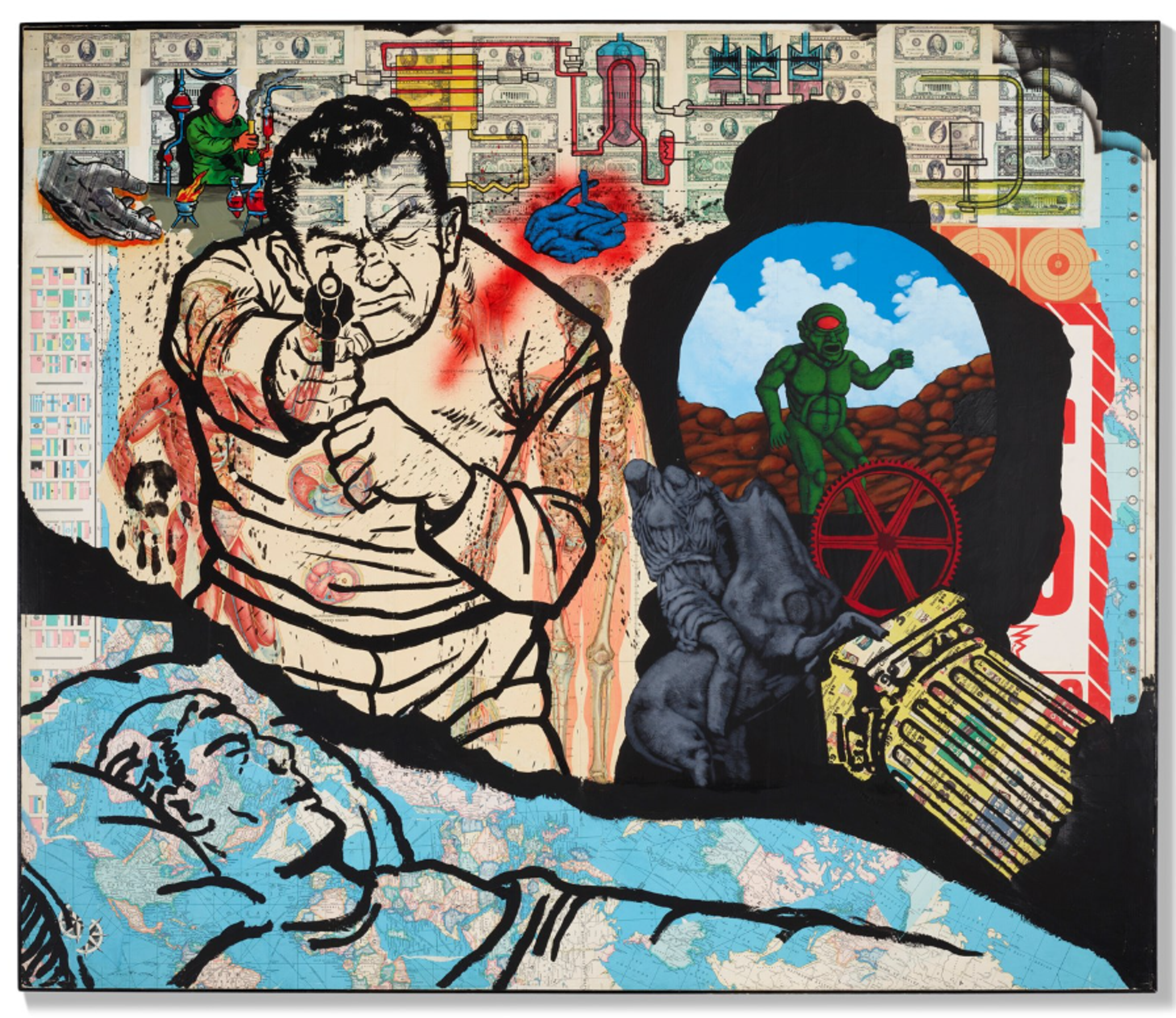 A mixed media collage featuring illustrations of action or crime scenes against a background of maps and US currency. The central figure is drawn in a vintage comic book style, pointing a gun. In front of him, a figure lies asleep. In the background, there are industrial or mechanical elements, including pipes and wheels, with a small green alien figure visible through a circular window or portal. In front of him, a statue appears to have fallen.