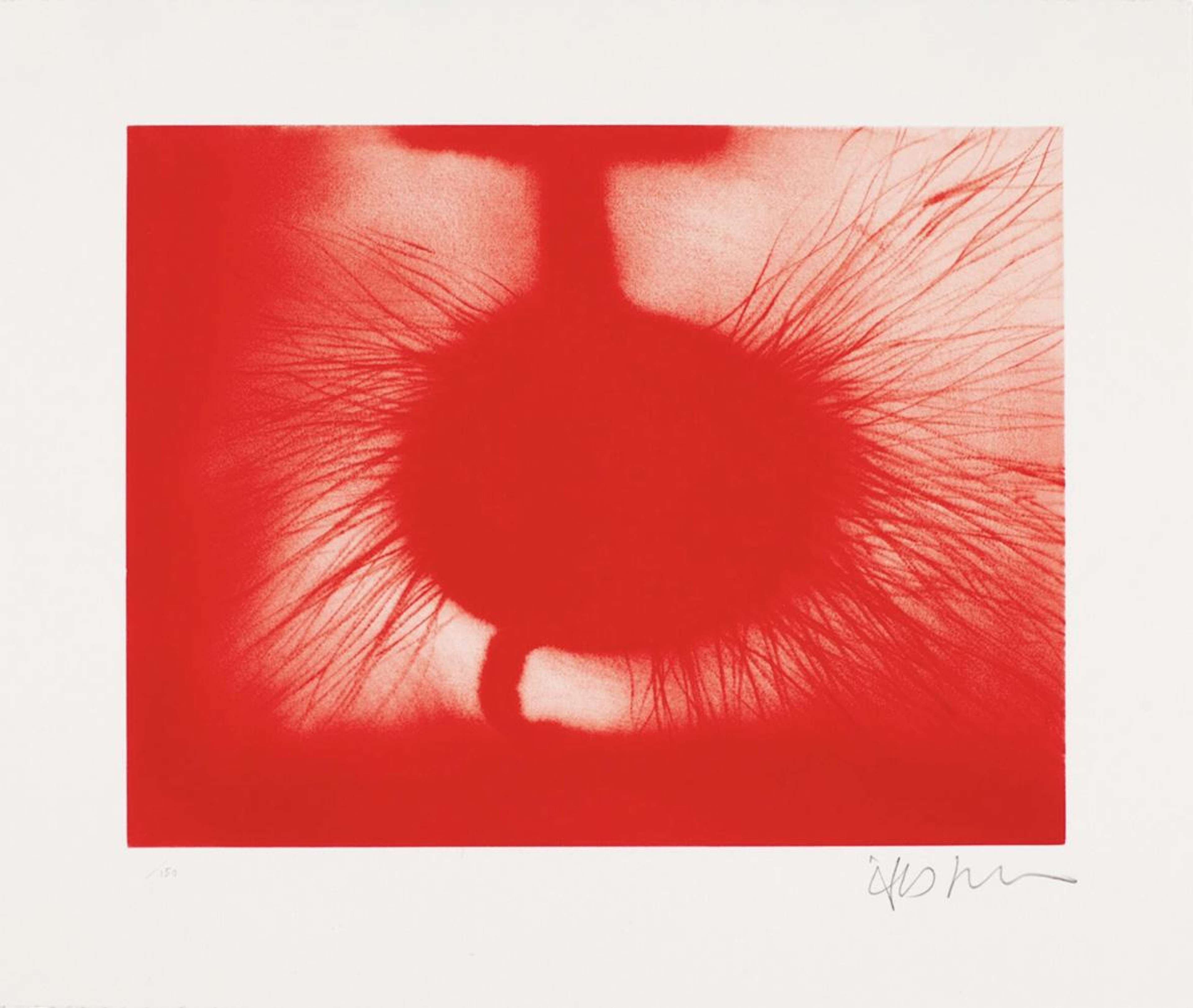 Un champ d'encre rouge sur un fond de papier blanc, avec des lignes émanant d'un vide rouge au centre de la composition.