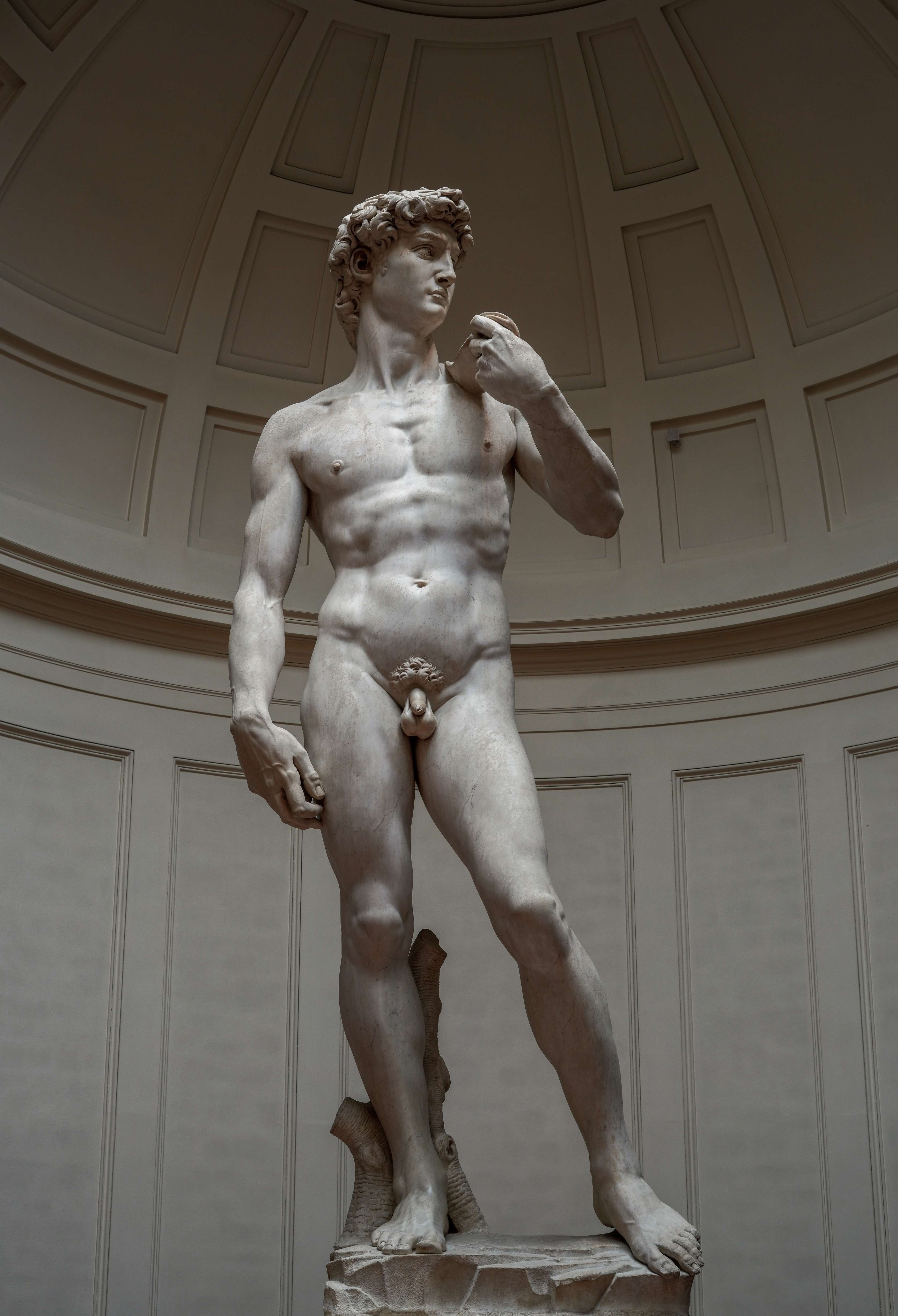 Une imposante statue de marbre représentant un jeune homme nu se tient droite, une fronde sur l'épaule, sa forme musclée saisie avec un détail hyperréaliste sur fond de galerie voûtée.
