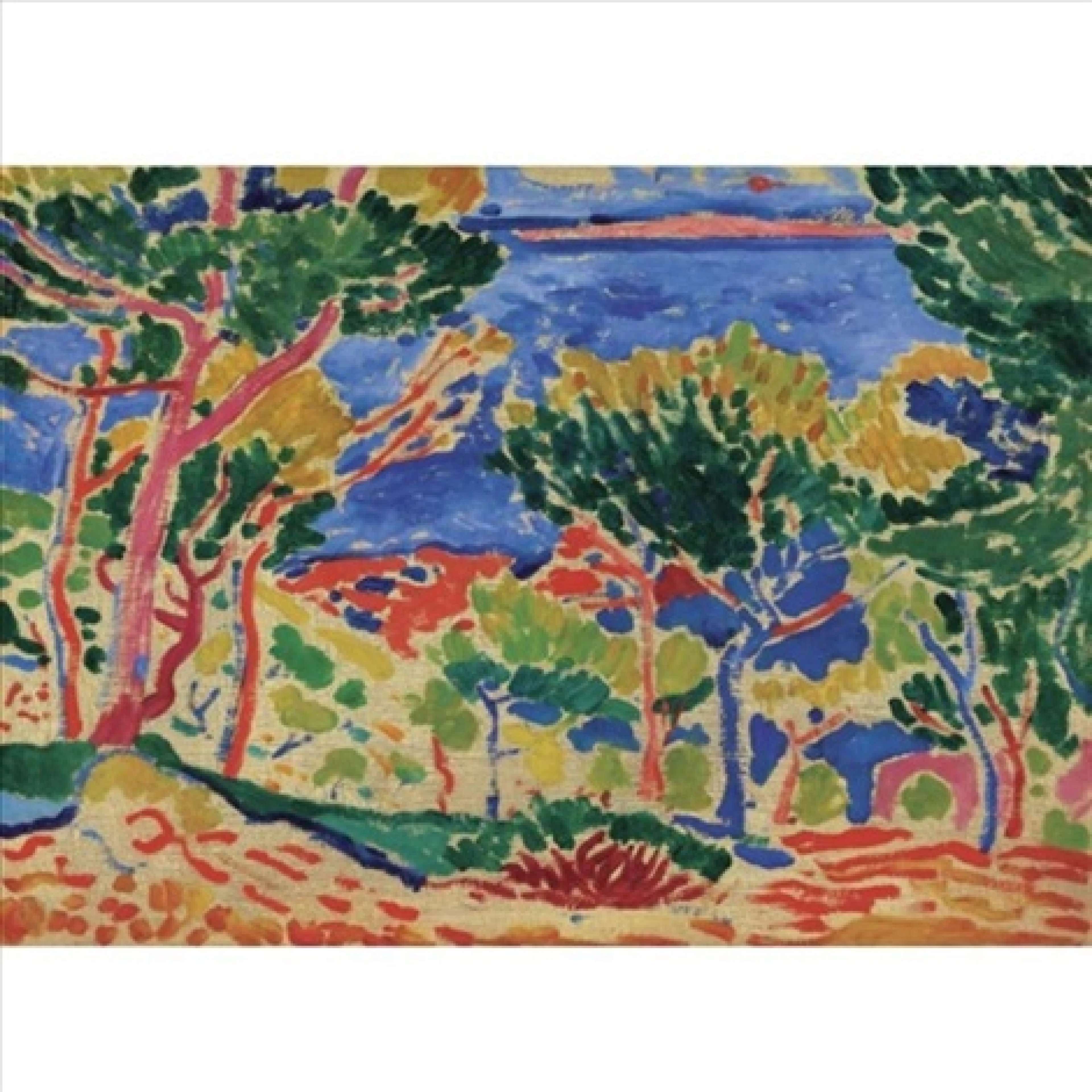 A painting of a tree-dappled hillside descends towards coastline. The trees have tall pink trunks, with bursts of green foliage on the top. The overlapping mountainsides direct the viewer’s eye down to the pink shoreline. The sea in the distance is a rich blue, with a pink mountain on the horizon. Exposed canvas between the mosaic brushstrokes creates a sense of light and atmosphere.