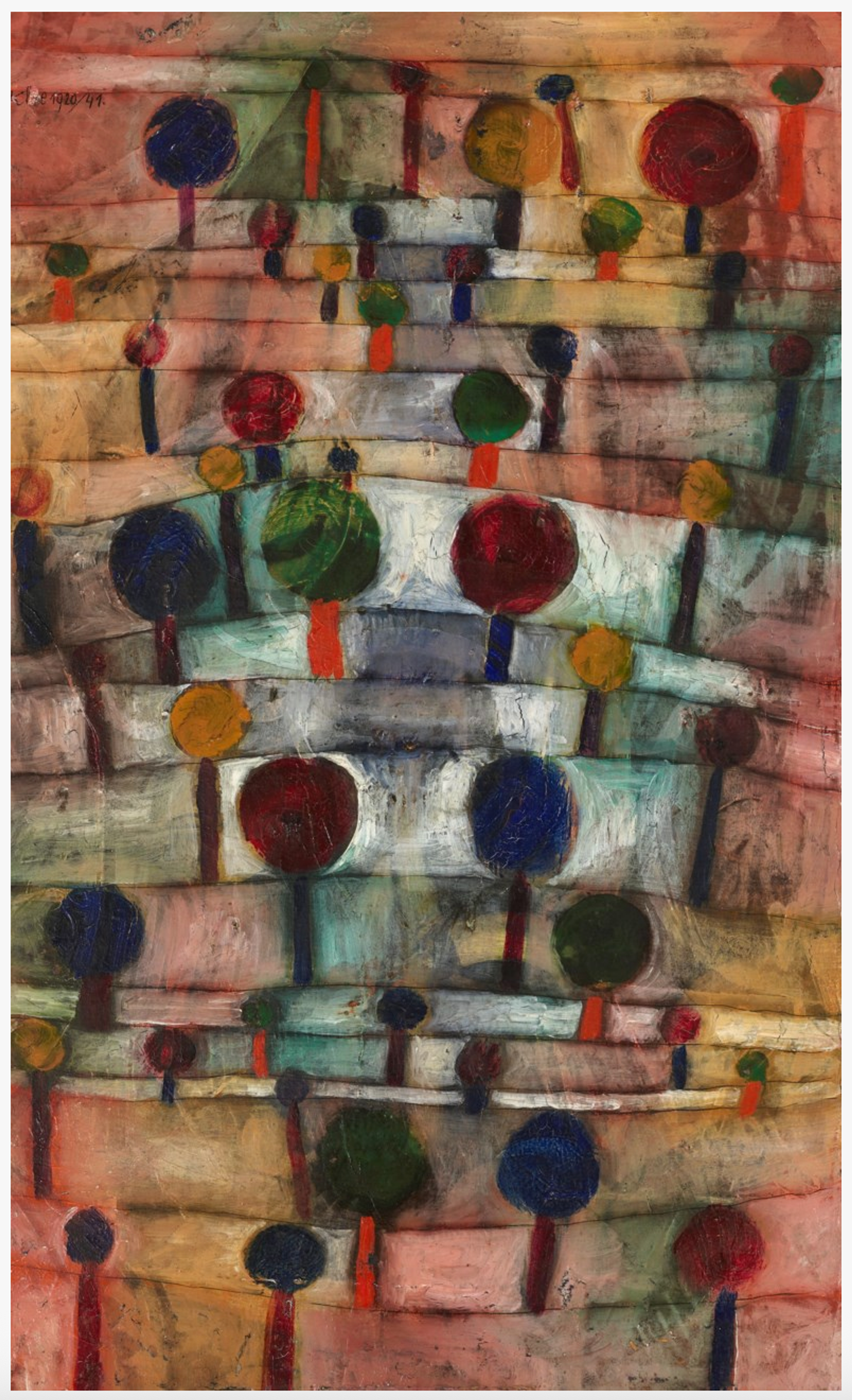 An abstract landscape painting with rows of stylised trees depicted as dots and vertical lines, creating a rhythmic, musical effect. Each row is a different thickness, with trees of a different size. The colours used for the trees are dark, with some colours creating clouds of texture on the white background.