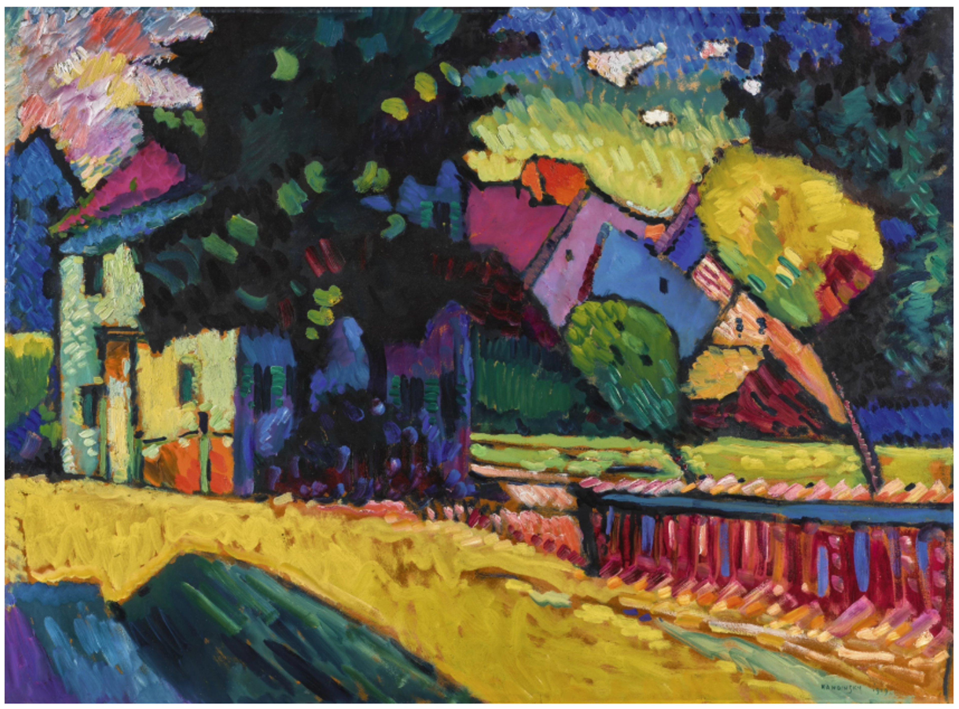 A colourful landscape of vibrant trees, with greenish houses midway between foreground and background. The composition uses simplified shapes and bold colours, including greens, blues, yellows, and reds to depict a stylised country scene. Distinctive patches of colour define different landscape elements. 