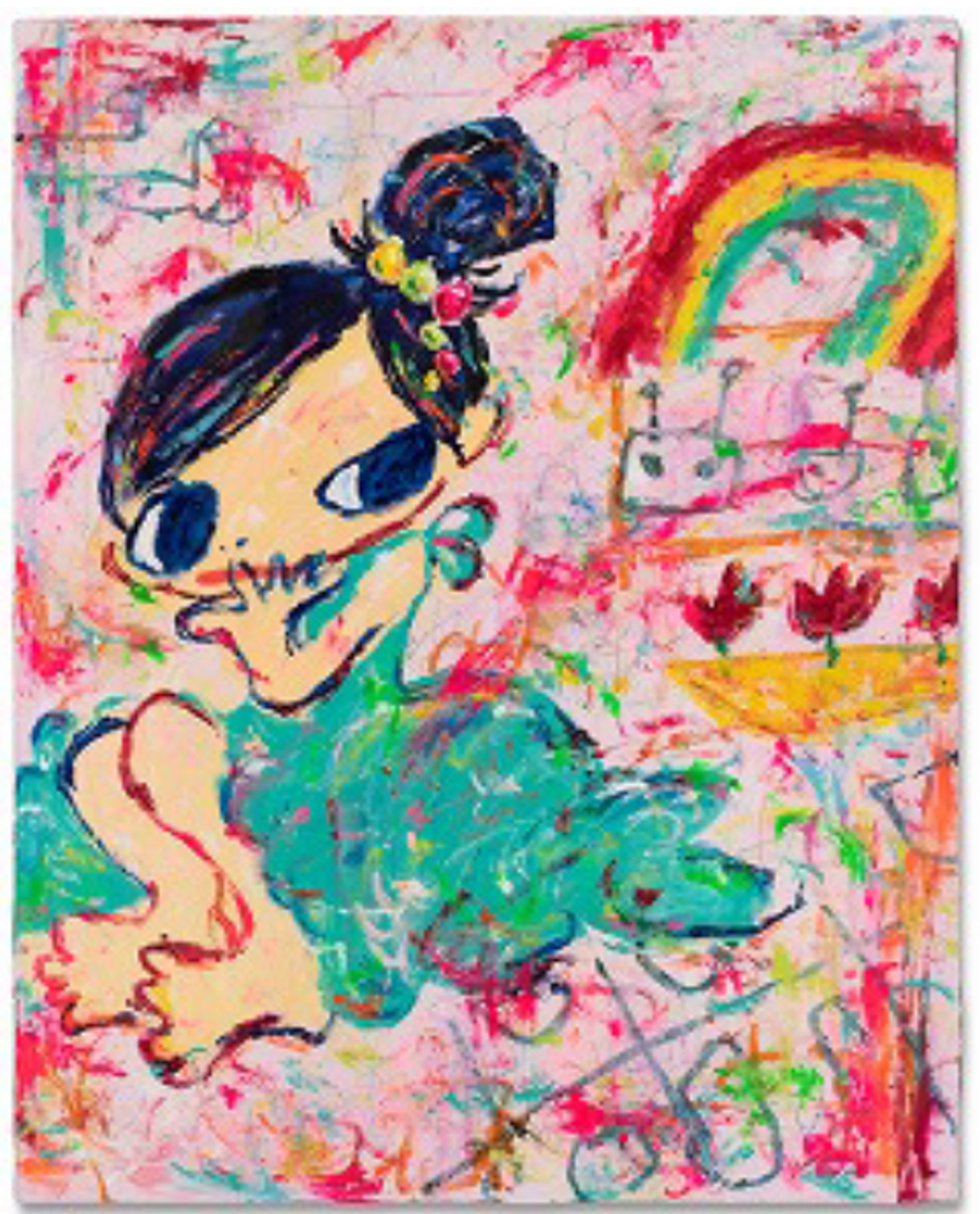 A colourful abstract painting featuring a cartoon-like young girl with dark hair in a green dress, set against a vibrant pink background with rainbow and playful doodle elements. The girl has her legs tucked underneath her and holds one of her hands to her mouth. She has an expression of shock or concern.
