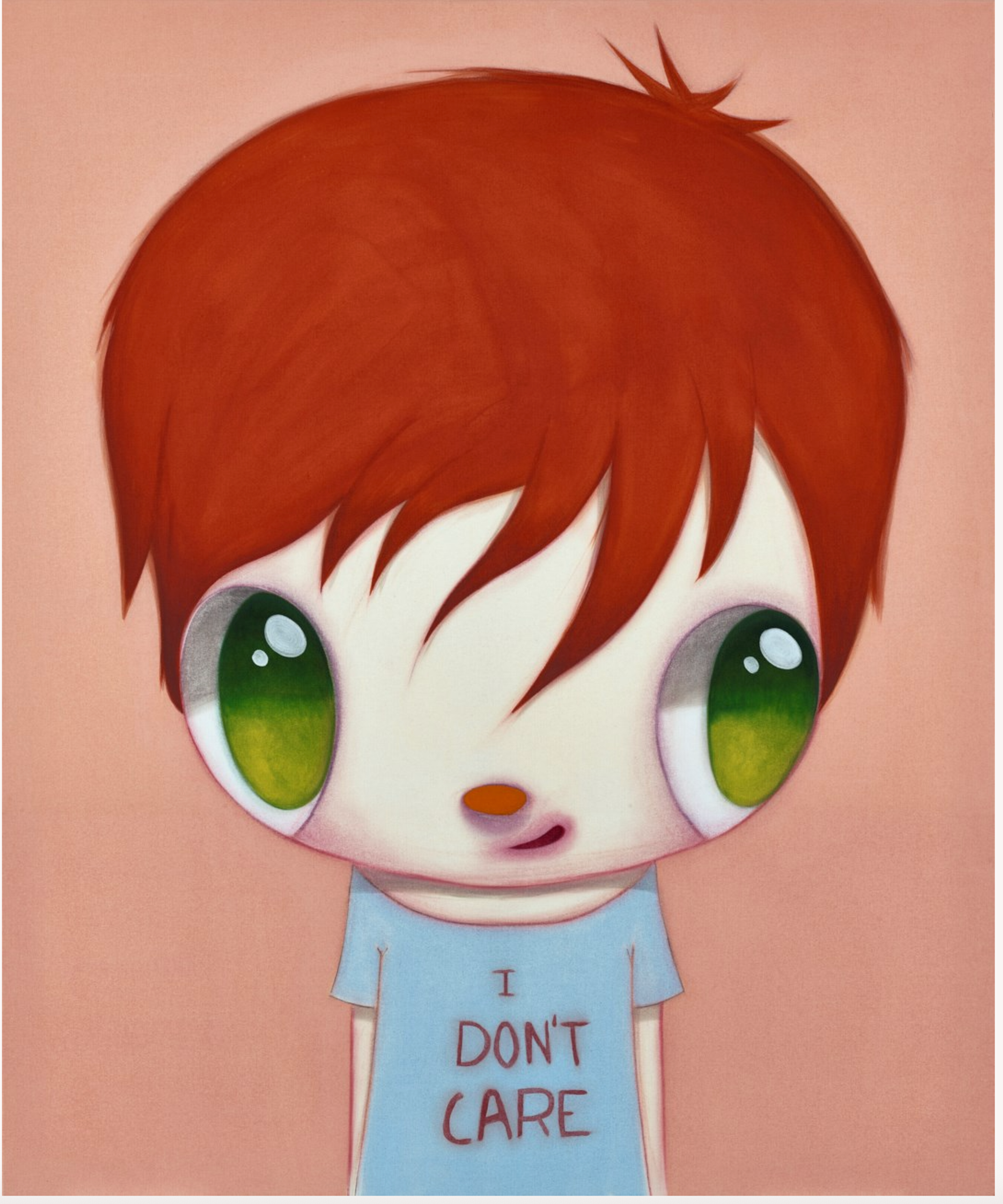 A childlike figure with reddish-brown hair, large green eyes, and a blue shirt reading "I DON’T CARE" stands against a soft pink-brown background, gazing directly outward. The style is cartoonish, with exaggerated, simplified features, such as a round pink nose, disproportionately large head, and round face and eyes.