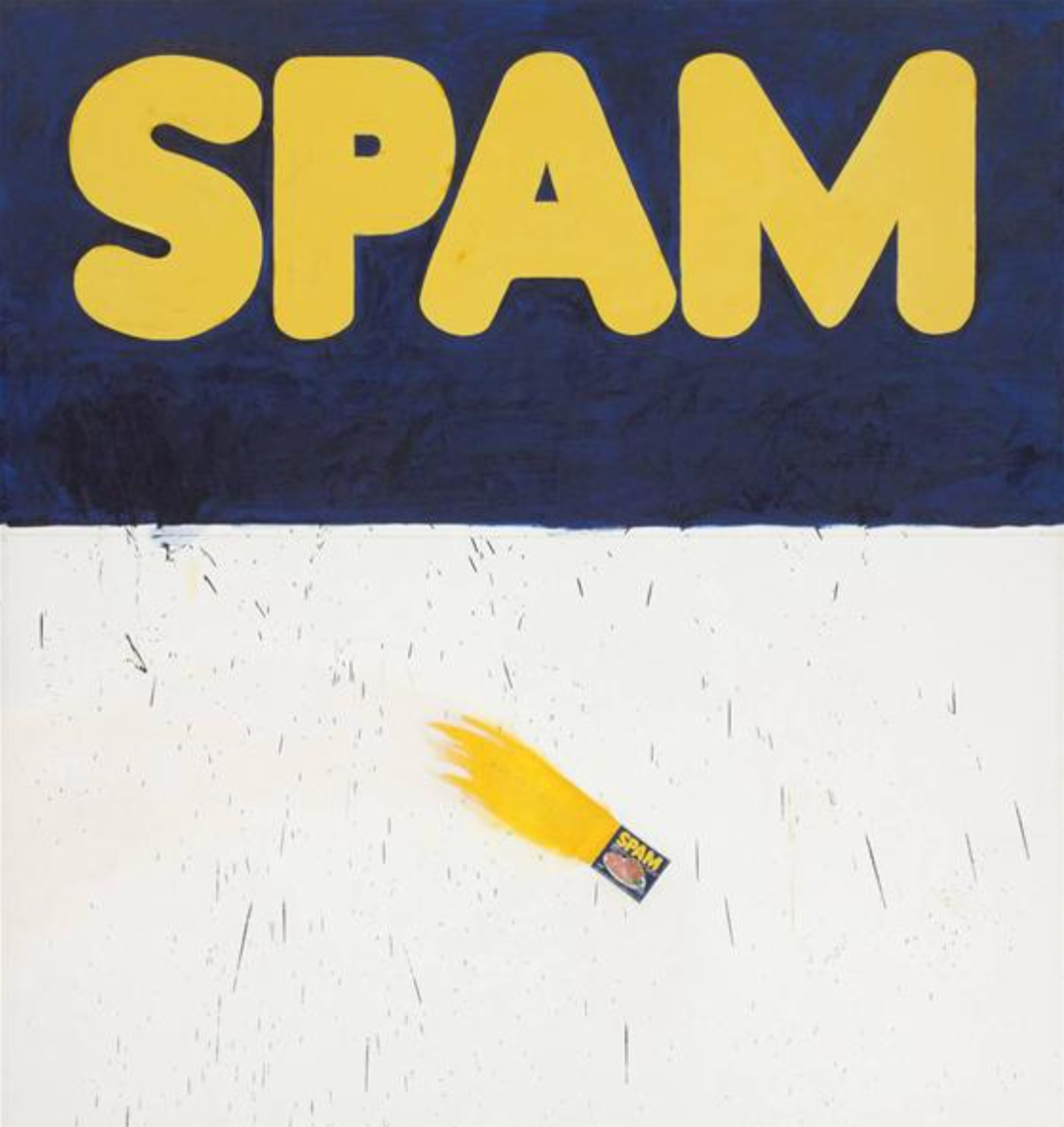 Peinture de Ruscha représentant le nom de marque surdimensionné « Spam » juxtaposé à une représentation grandeur nature du produit.