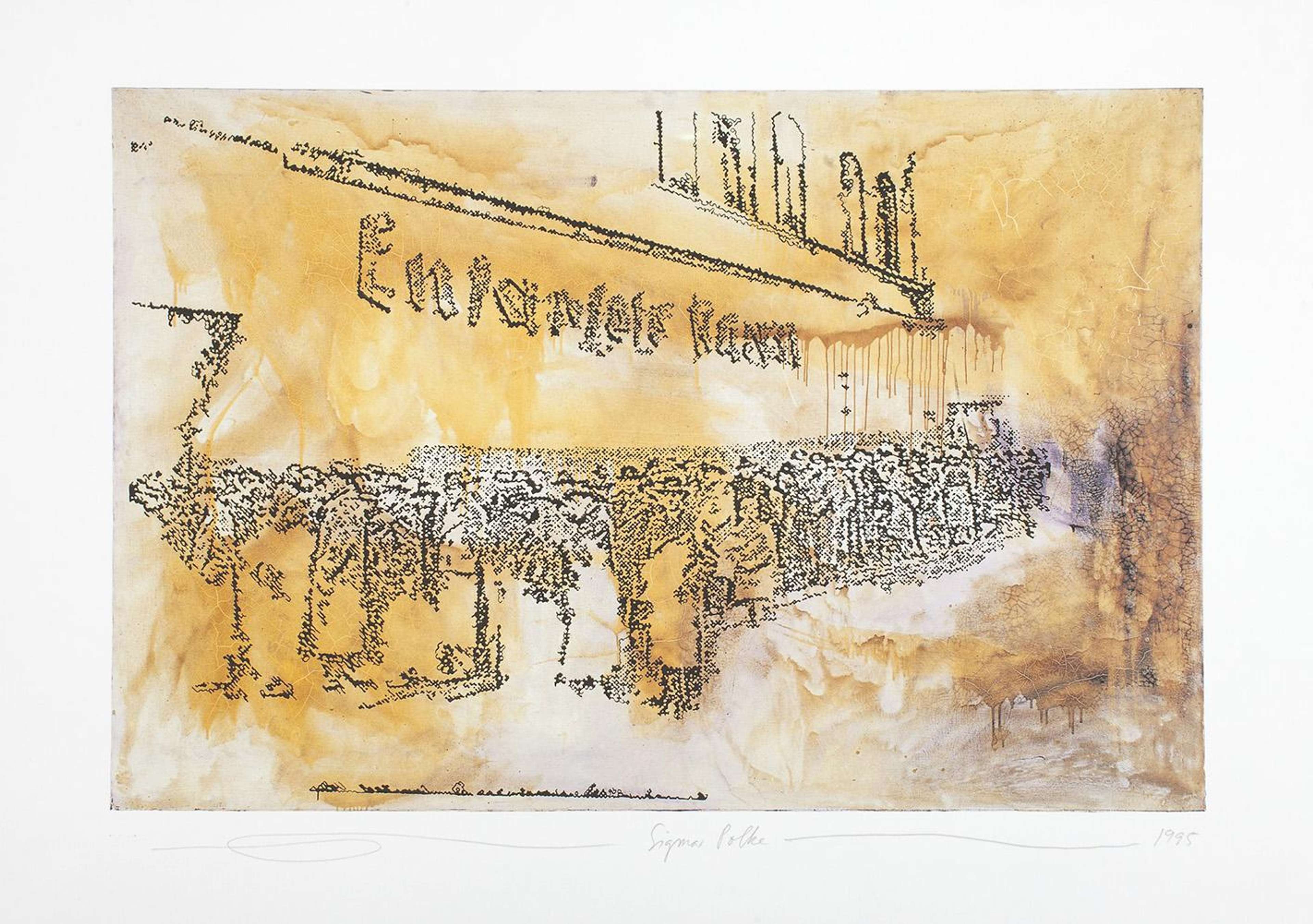 Une estampe sur un fond jaune ocre et encre. Par-dessus, le contour d'un bâtiment étiqueté « Entartete Kunst » est dessiné par de petits tirets. Une foule de gens fait la queue sur le côté du bâtiment, semblant essayer d'entrer.