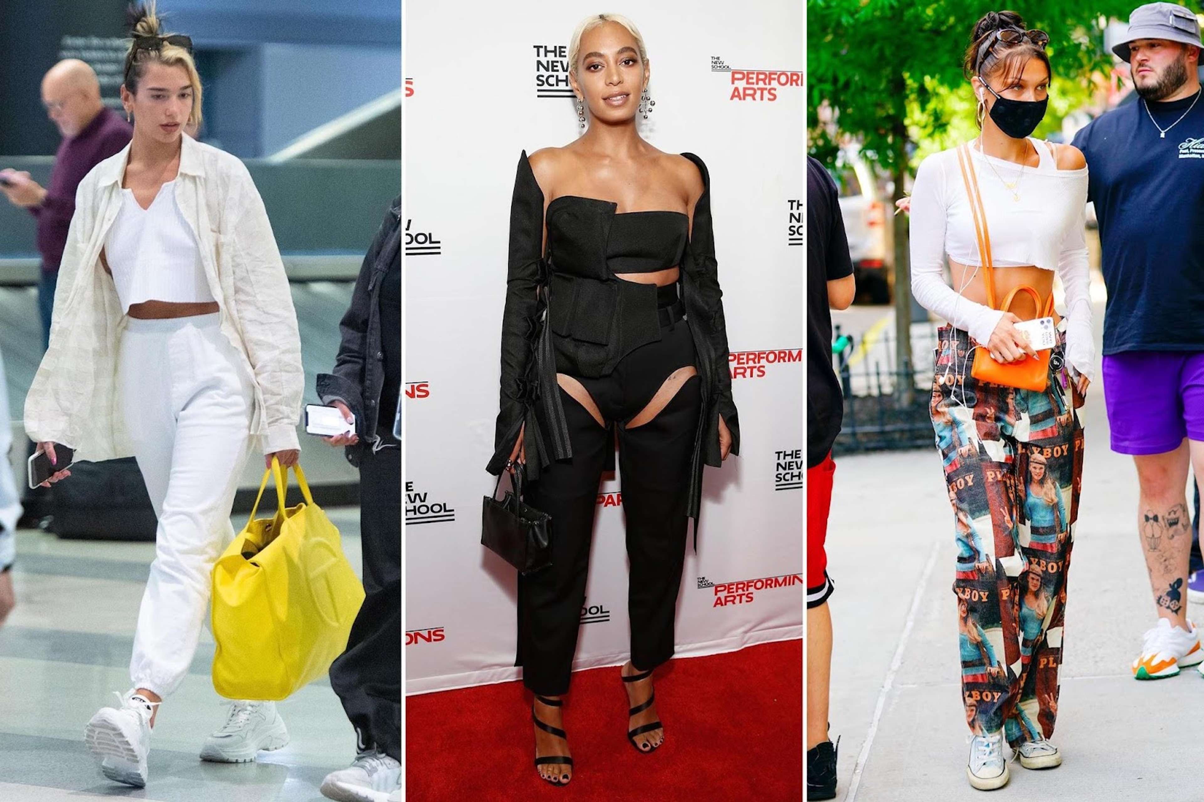 Un montage d'images montrant la chanteuse Dua Lipa, l'artiste Solange Knowles et le mannequin Bella Hadid portant le sac de courses Telfar (« Shopping Bag »).