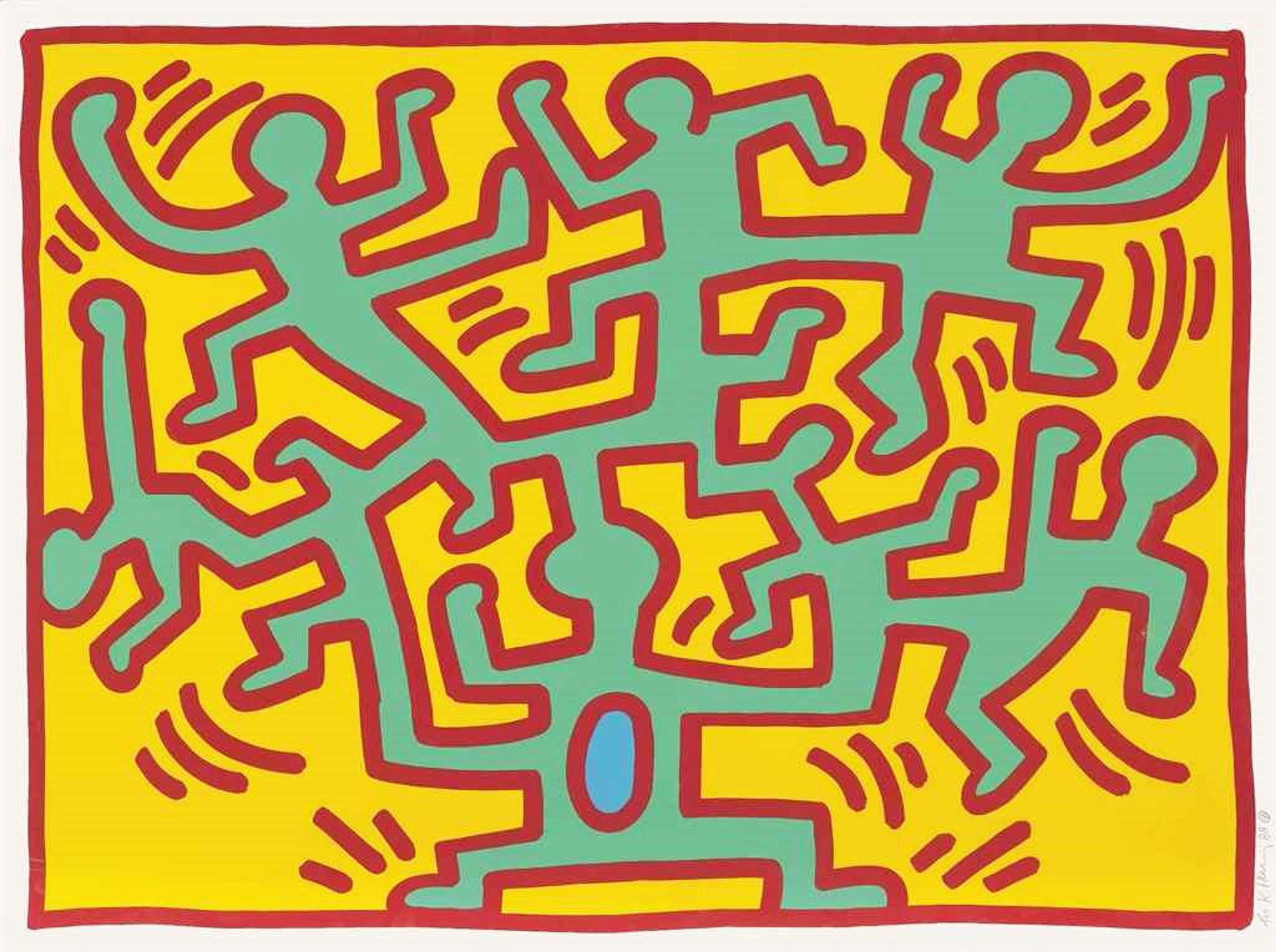 Mutating green figures with red thick outlines growing on a mustard yellow background.