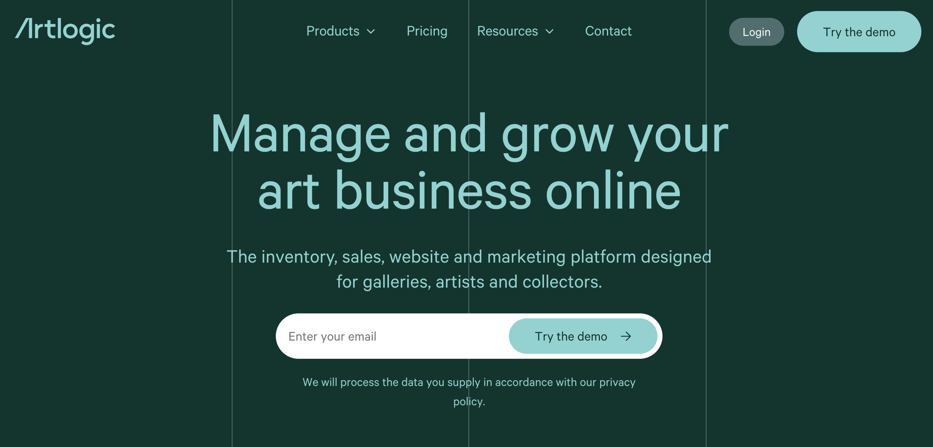 Une capture d'écran de la page d'accueil de la plateforme Artlogic, avec le slogan « Manage and grow your art business online » (Gérez et développez votre activité artistique en ligne) sur fond vert.