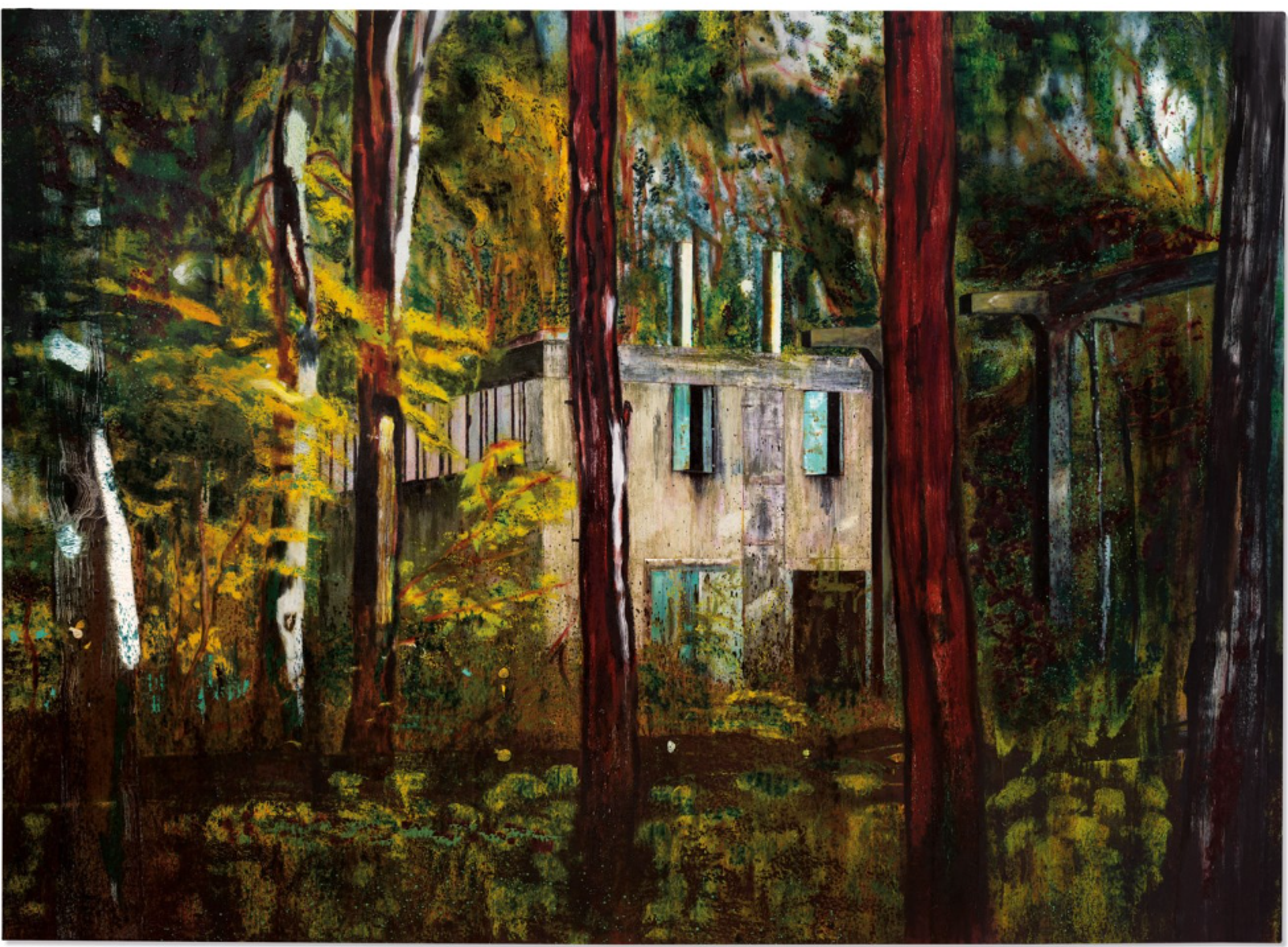 A dark, atmospheric scene of an industrial building visible through vertical tree trunks in a forested area. The structure has purple-tinted walls and windows that glow against the forest setting with foliage that has turned orange and yellow in the evening sunlight, drawing focus onto the building itself. The finish is almost chalky.