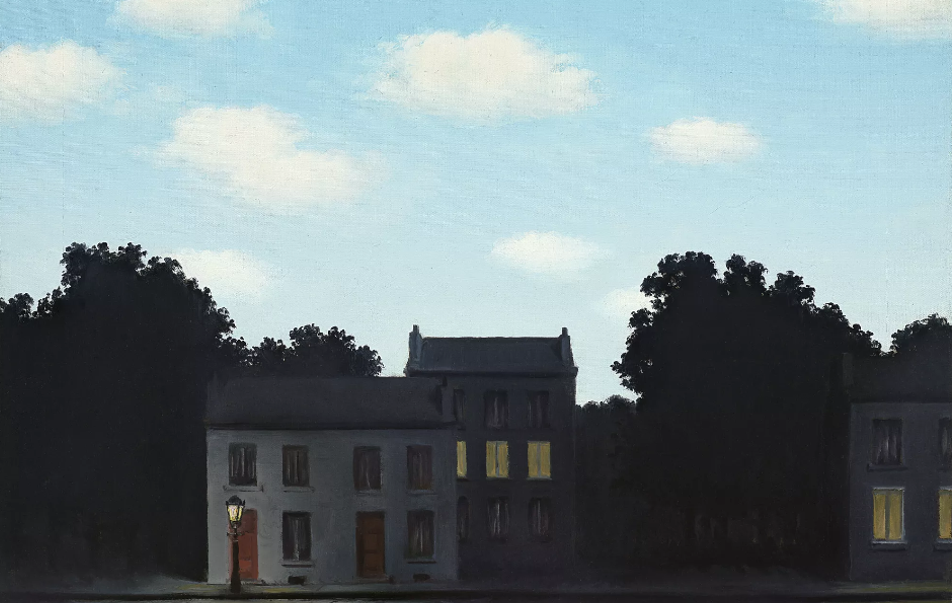 A surreal scene depicting three houses with illuminated windows against a darkening landscape, with a paradoxically bright blue sky and white clouds above.