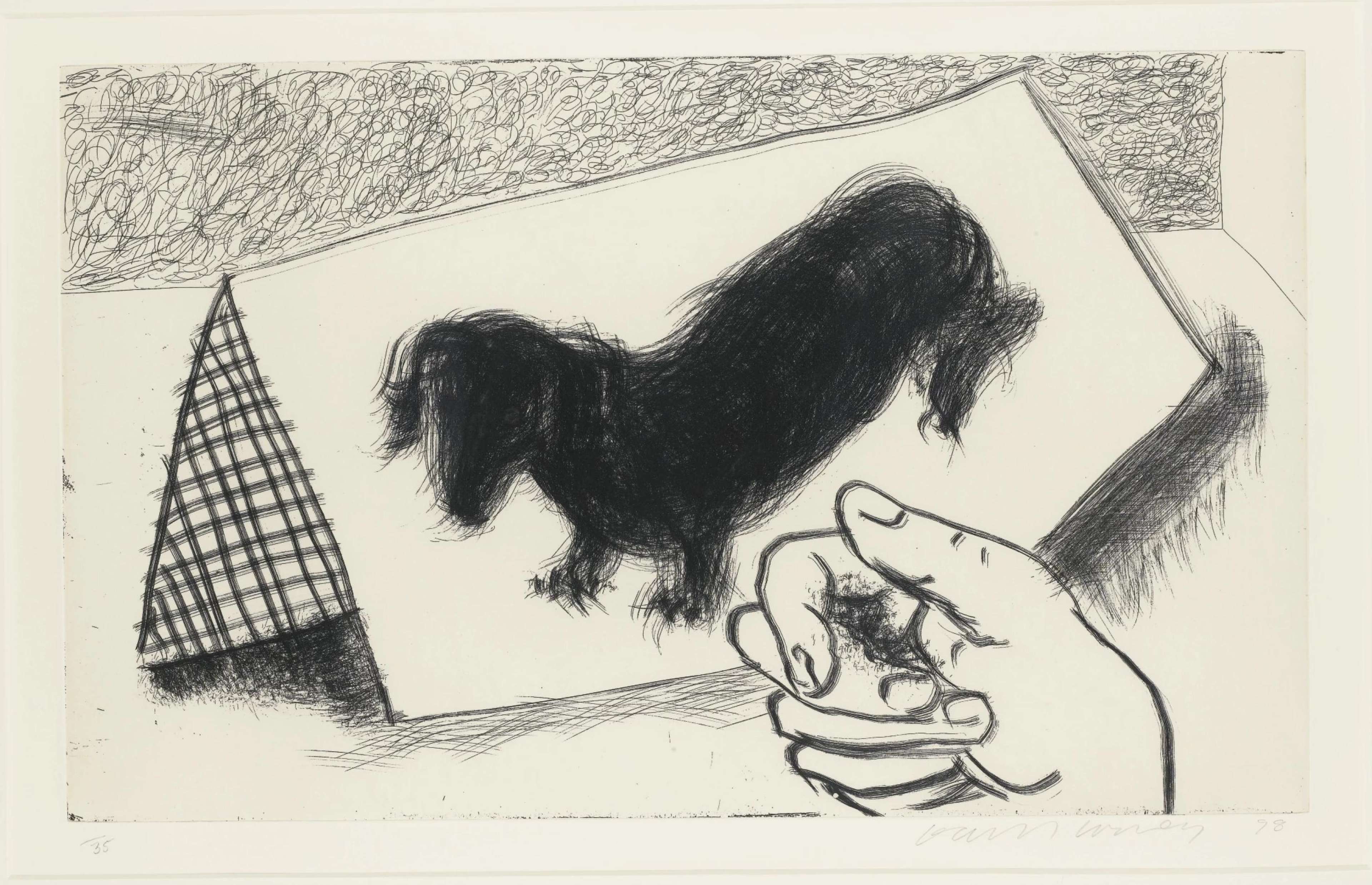 A monochrome print showing one dachshund asleep with its head resting on its paws, surrounded by soft tonal shadows.