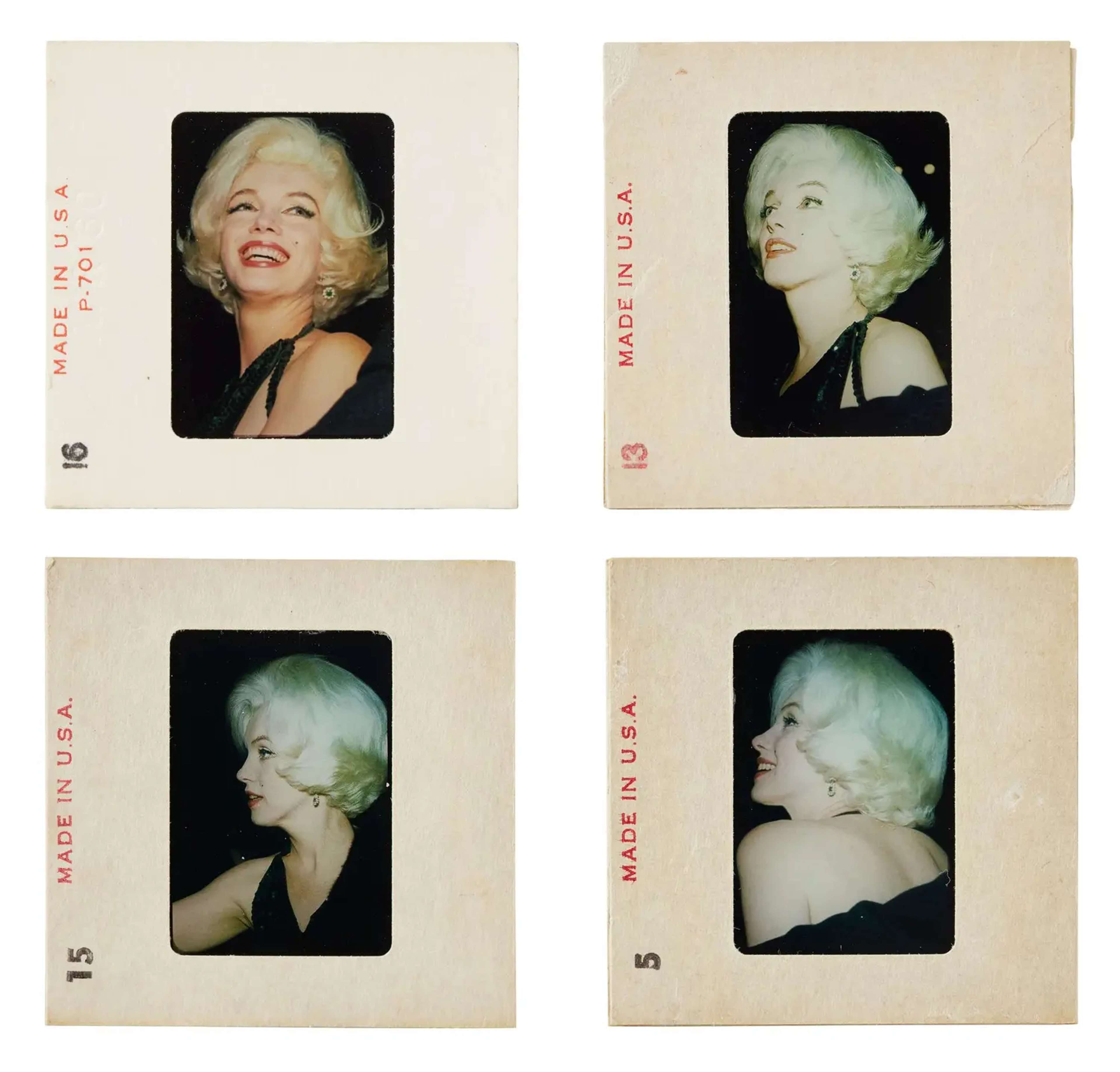 Set of 1962 colour slides showing Marilyn Monroe in close-up portraits with her signature blonde hair and Hollywood styling.