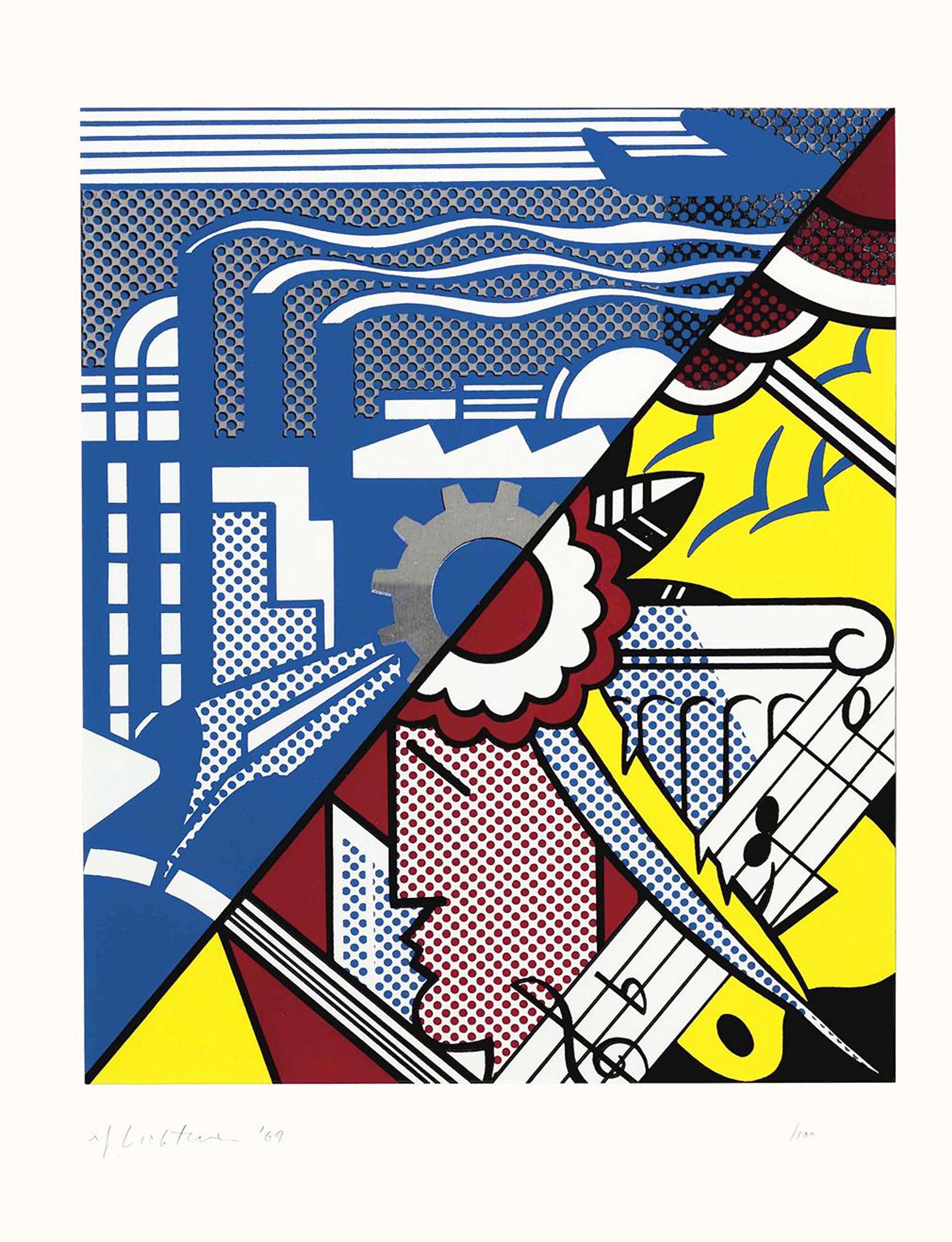 Une sérigraphie présentant deux scènes divisées le long de l'axe de la composition, dépeignant l'industrie et les arts dans une palette contrastée de bleu et de rouge avec du jaune.