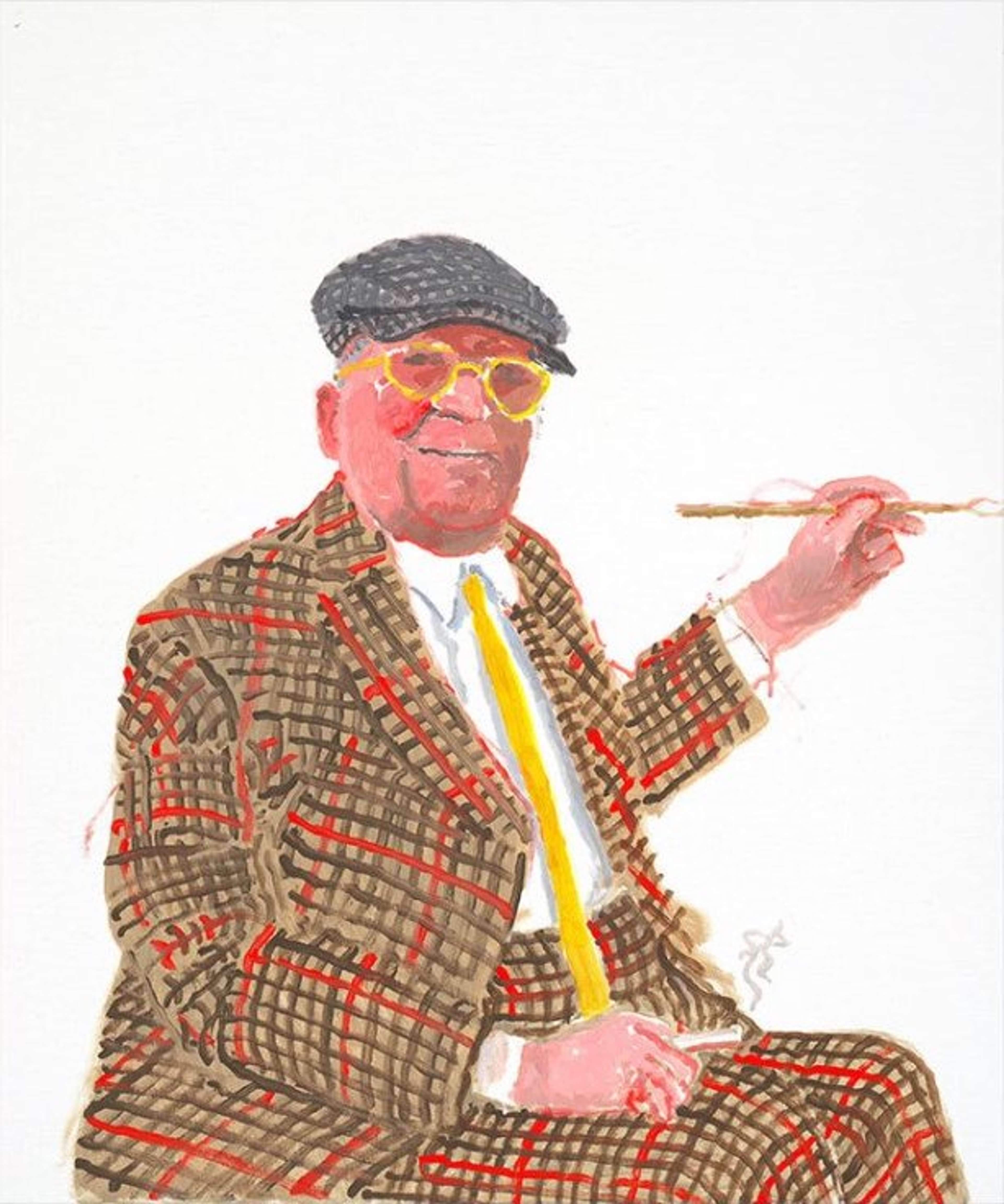 Un autoportrait de David Hockney, réalisé à l'acrylique sur toile, dépeignant l'artiste sur un fond blanc uni, vêtu d'un costume à carreaux marron et rouge, d'une cravate jaune et de lunettes, tenant un pinceau qui s'étend vers le côté droit de la composition.