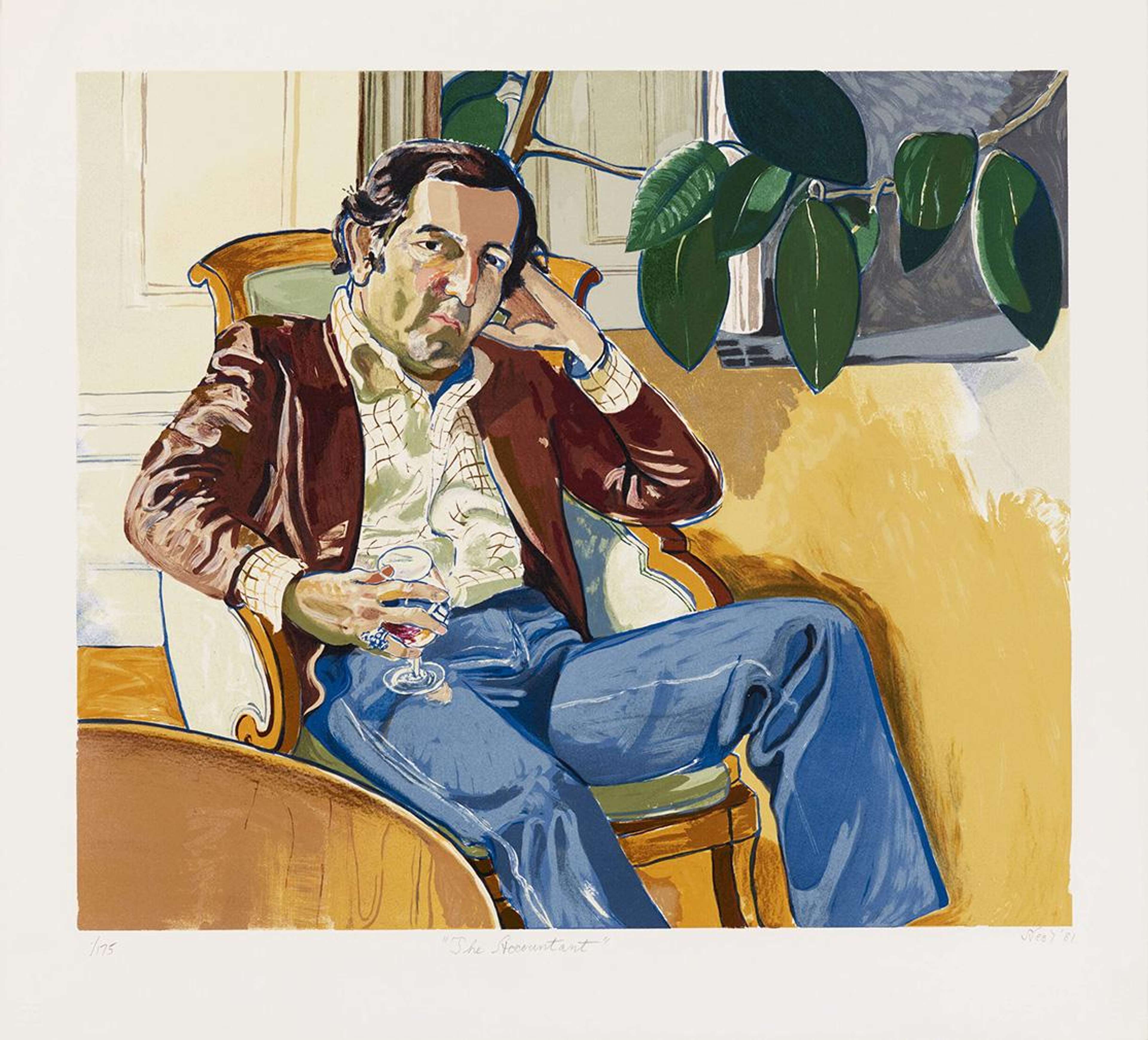 Un portrait détaillé, mais expressif, d'un homme assis dans un fauteuil orné. Il regarde le spectateur, bien que son corps soit légèrement tourné de côté. Il porte une veste marron, un jean bleu et une chemise blanche, et tient un verre de vin dans une main. L'autre main soutient sa tête. Au-dessus de lui se trouvent les feuilles d'une plante.